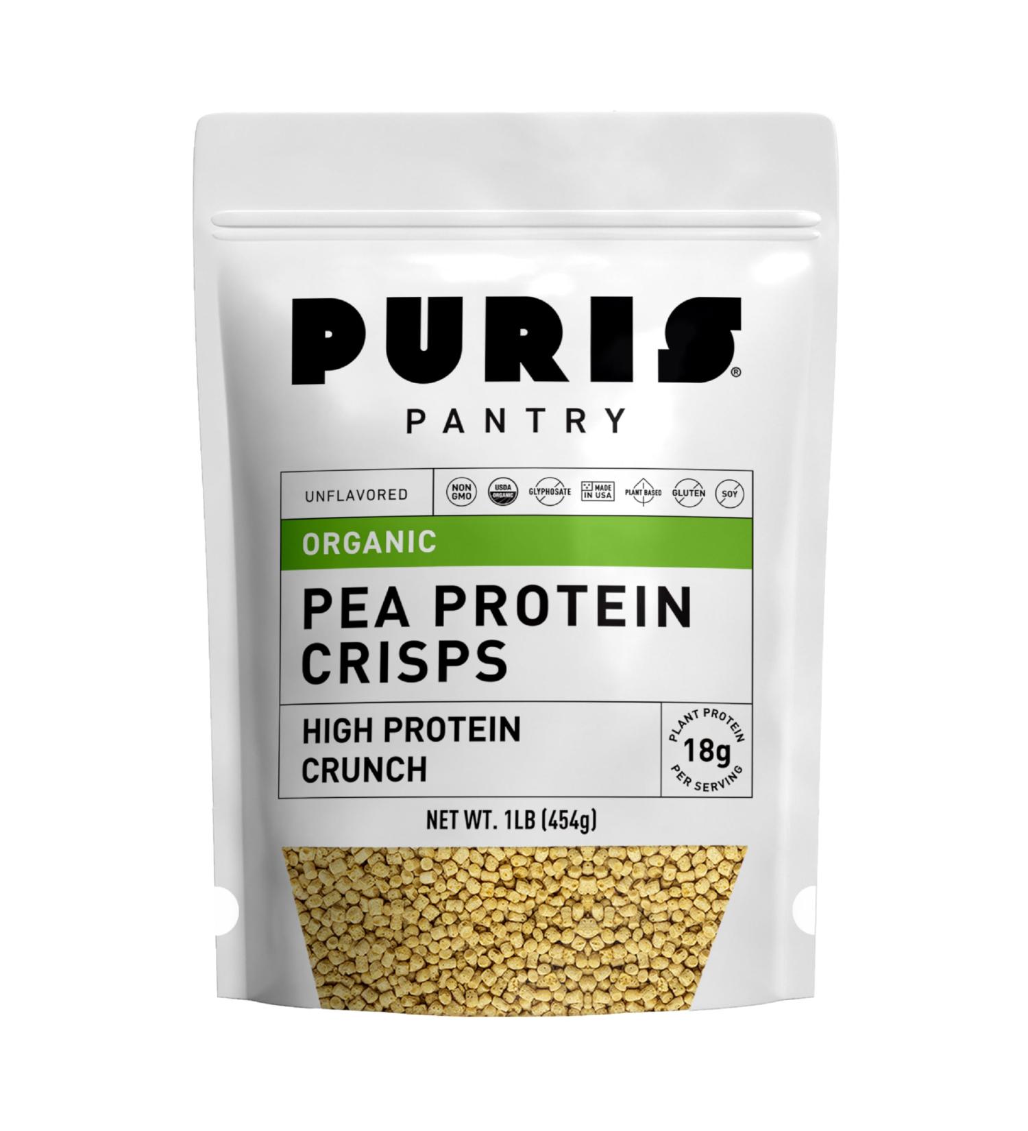 PURIS Organic Pea Protein Crisps, Certified Organic Pea Protein Isolate, Keto Protein Crunch, Made 100% in The USA, Non-GMO, Gluten Free, No Sugar, No Soy, 18g Protein, 7g Carbs, Unflavored 1 lb (1-Pack) - Buy Online on GoSupps.com