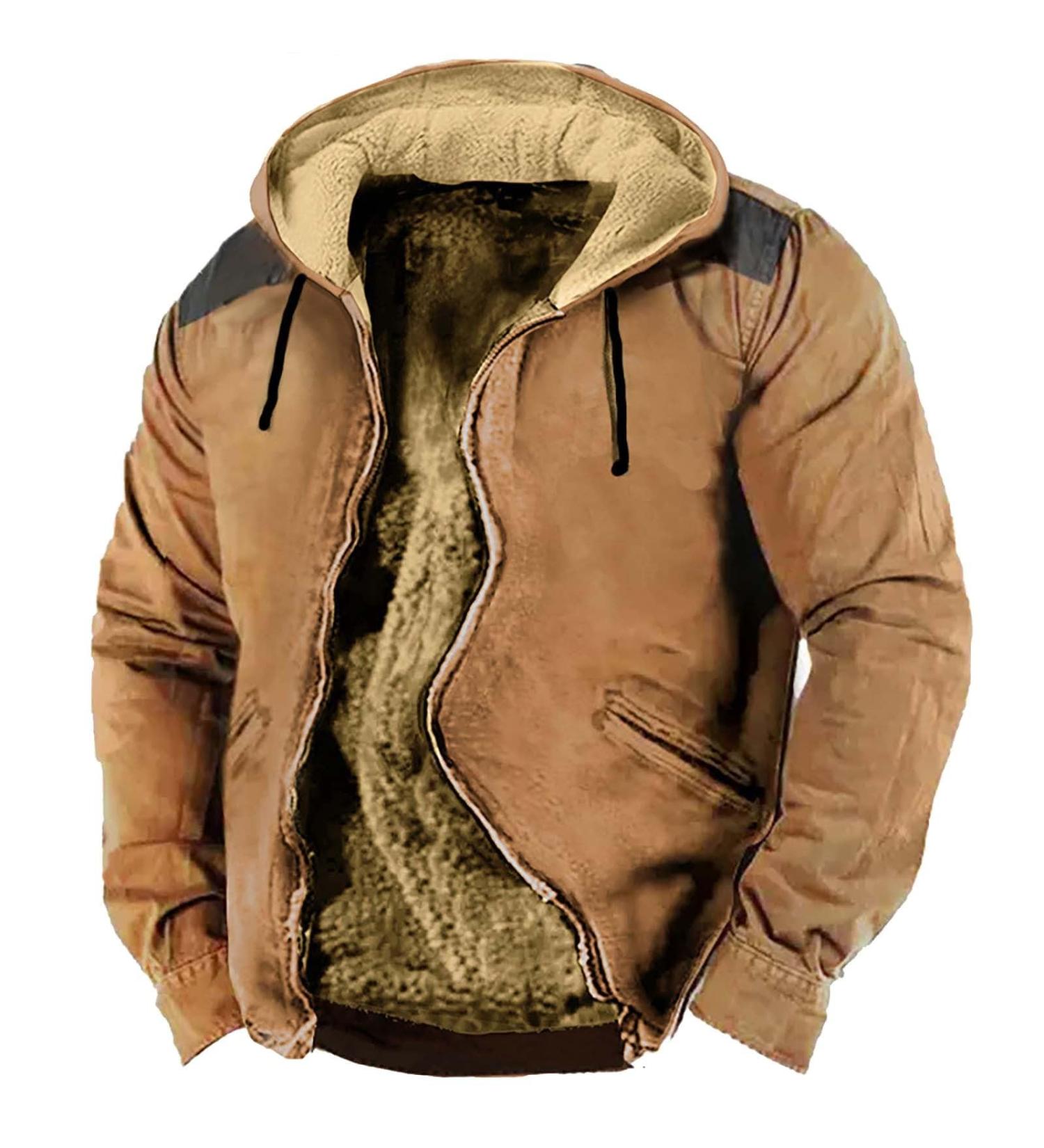 Hanxiulin Oversized Plush Jacket for Men | Warm Fleece Hooded Sweatshirt | Long Transition Outdoor Jacket in Brown - Buy Online on GoSupps.com