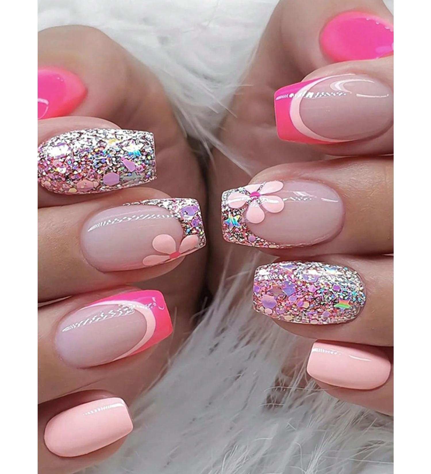 24pcs Bright Pink Press on Nails Glitter French Fake Nail Pink Short Coffin Nails Press on Nails Coffin Shape Nails For Women's - Buy Online on GoSupps.com