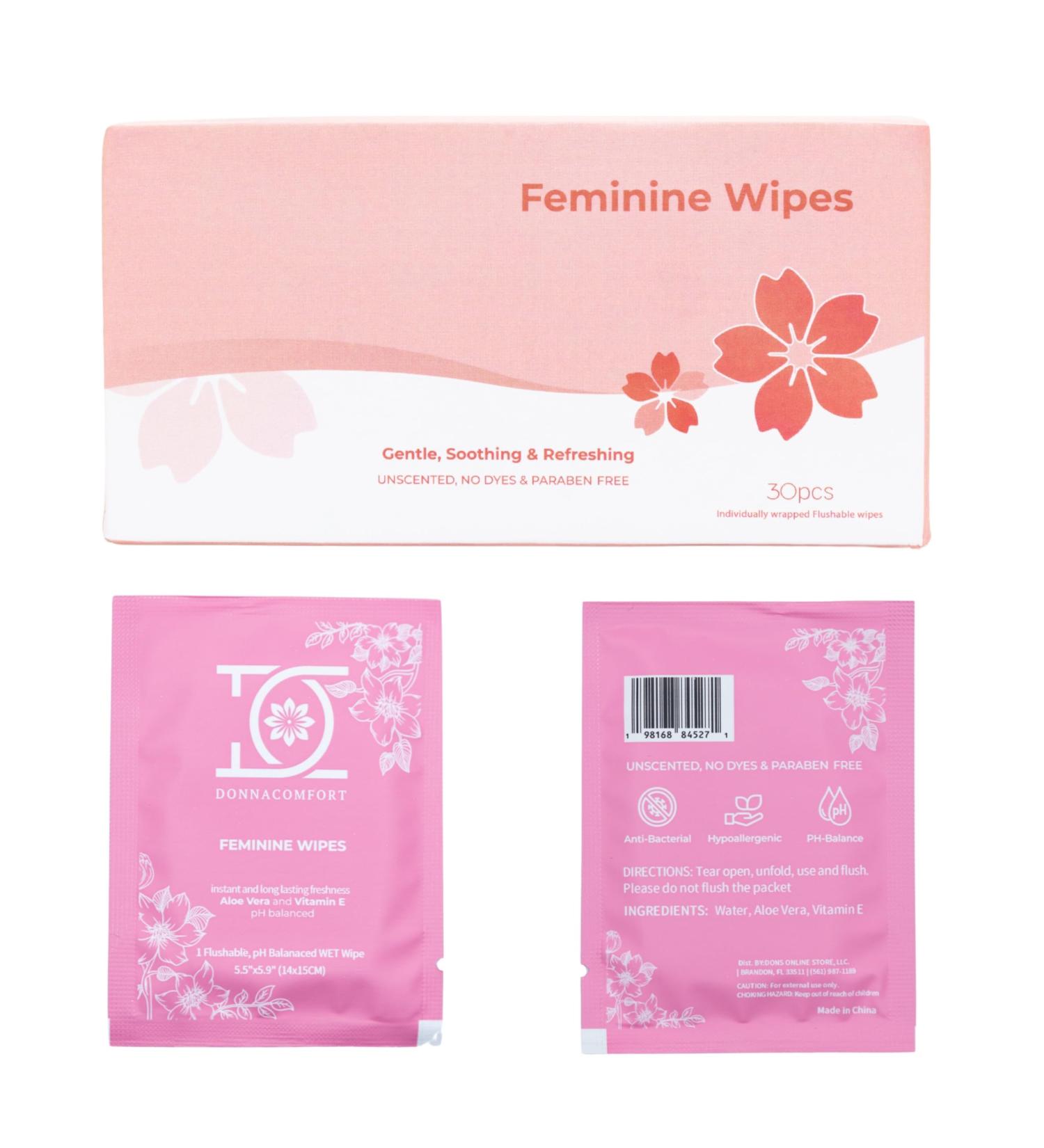 Flushable Feminine Wipes - pH Balanced Unscented Alcohol-Free Hypoallergenic with Aloe & Vitamin E | 30 Individually Wrapped Singles - Buy Online on GoSupps.com
