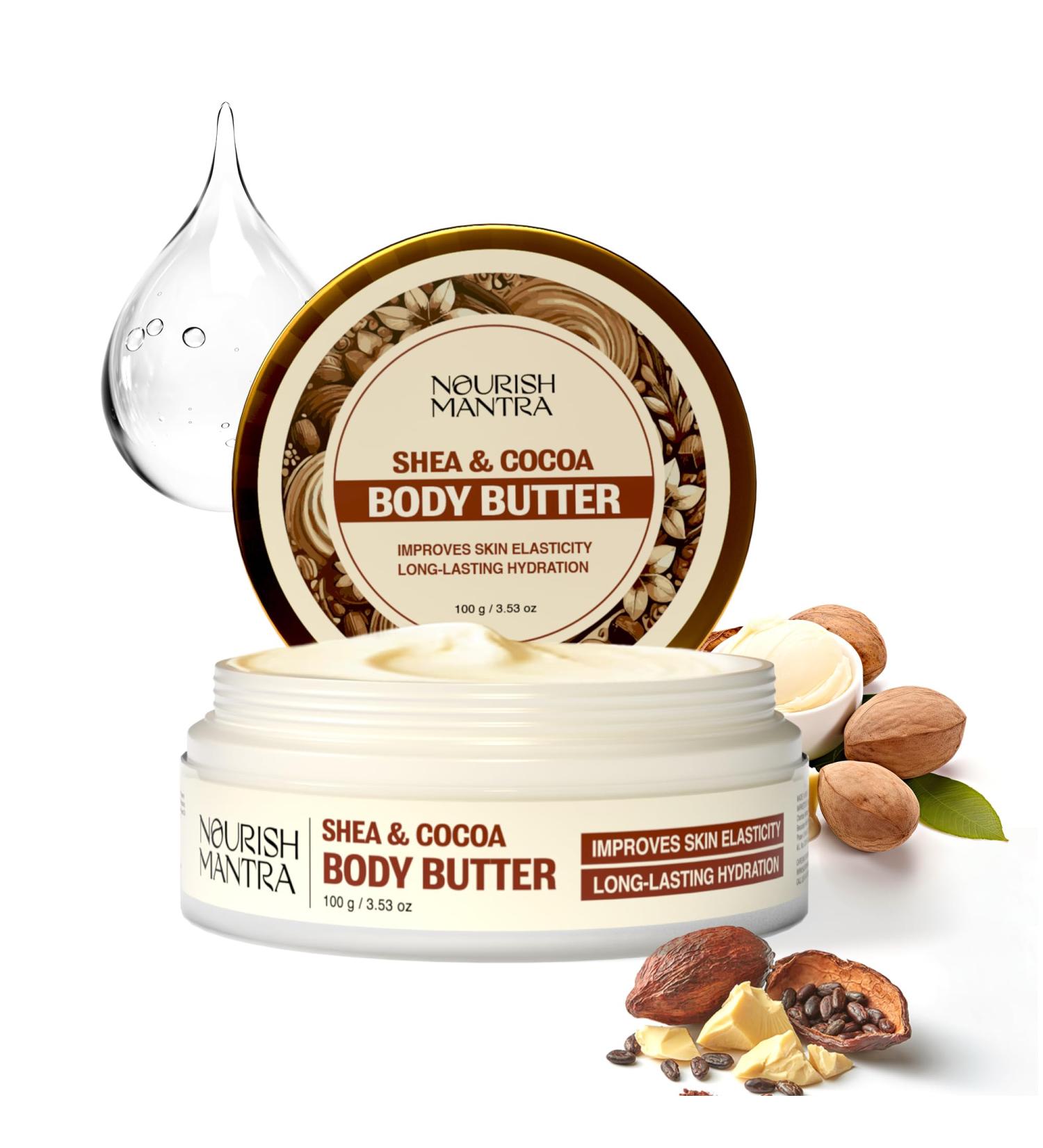 NOURISH MANTRA Shea & Cocoa Body Butter | Creamy Moisturizer for Long-Lasting Moisture & Soft Skin | Infused with Shea Butter & Cocoa Butter | Suits All Skin Types | For Women & Men | 100 g - Buy Online on GoSupps.com