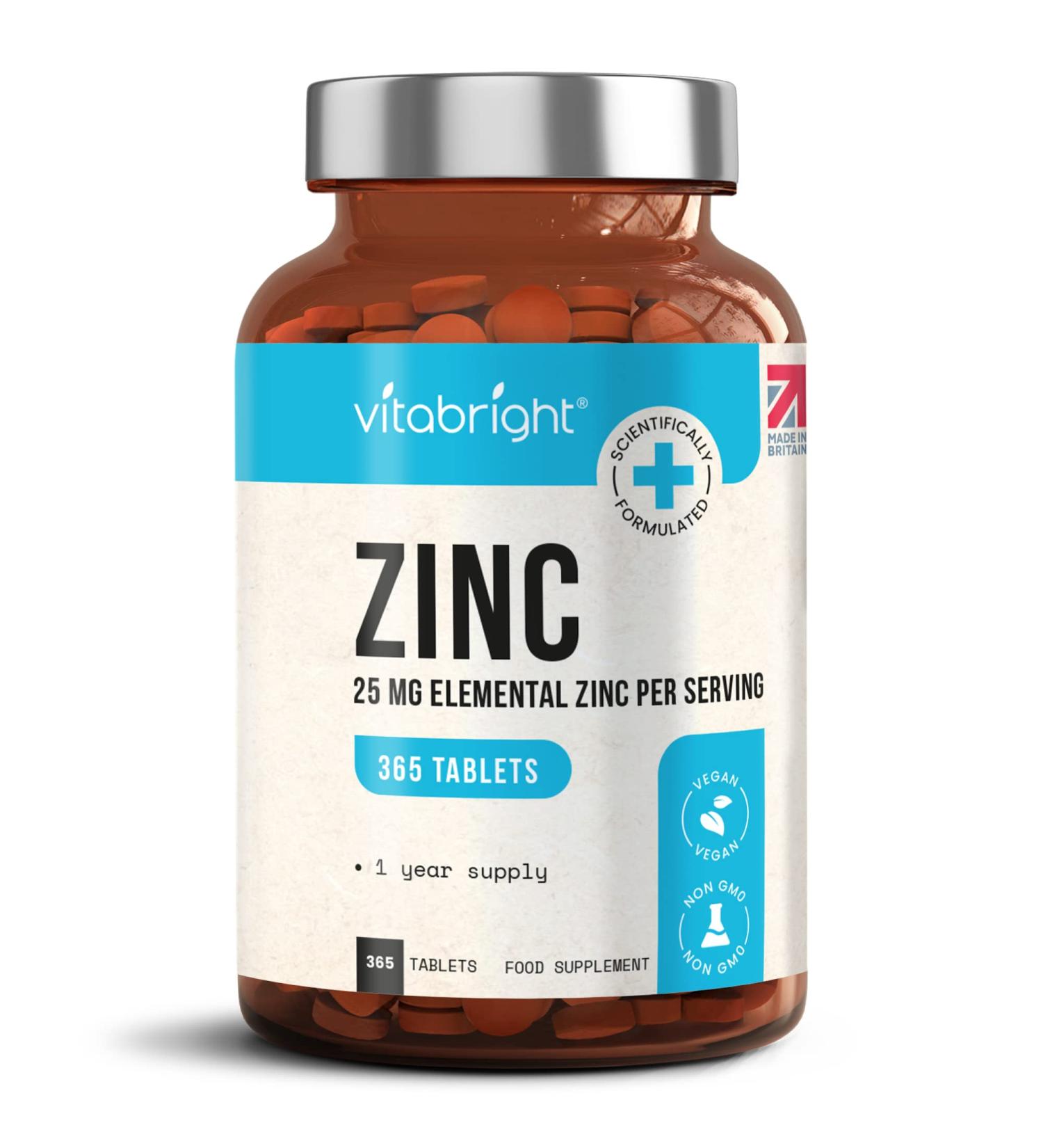 365 Vegan Zinc Tablets 25mg - High Strength Chelated Zinc Supplements for Immune System, Hair, Skin, Nails - 1 Year Supply by VitaBright - Buy Online on GoSupps.com