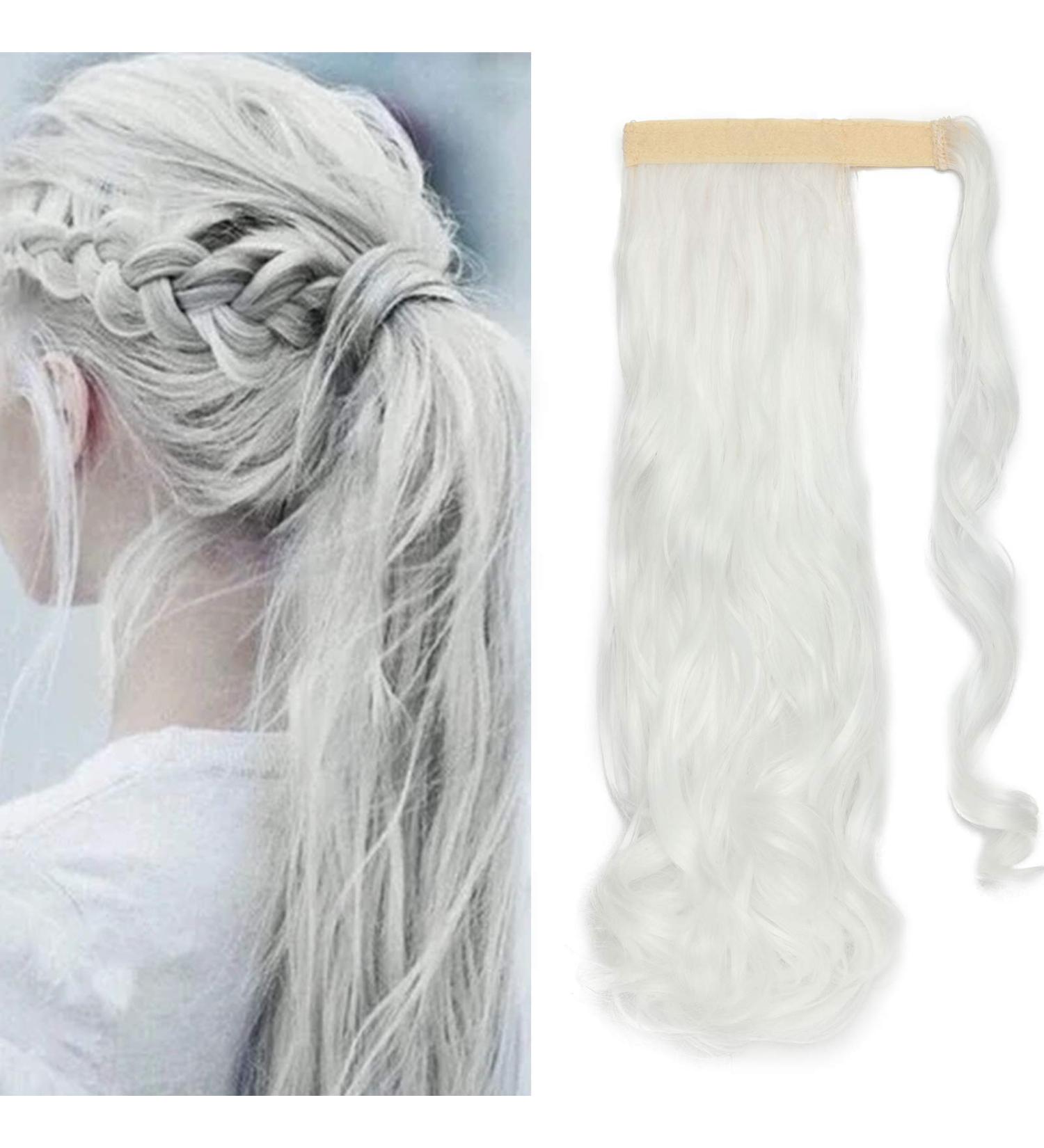 Buy Wavy White Ponytail Hairpiece Braid Clip-in Extension | 43 cm Synthetic Hair Extension for Women - Buy Online on GoSupps.com