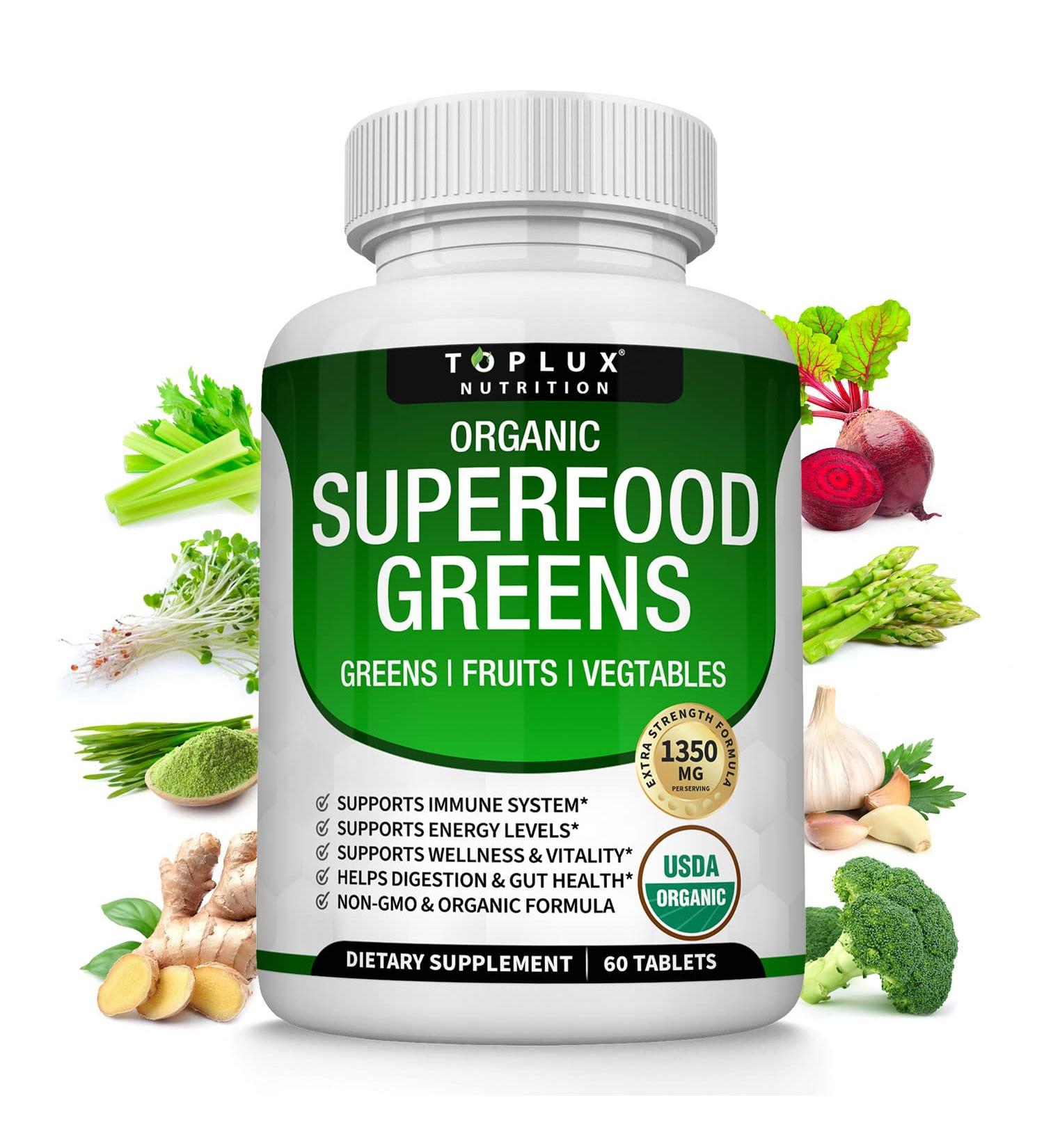 Organic Super Greens Capsules - 28 Powerful Ingredients with Alfalfa, Beet Root, Tart Cherry & Ginger - Immune & Energy Support for Men and Women - 60 Tablets - Buy Online on GoSupps.com