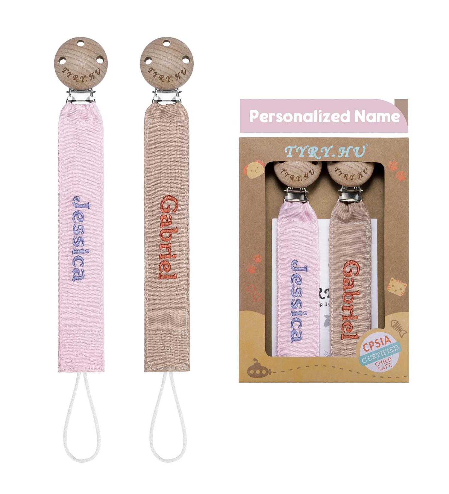 Personalized Tyry.hu Pacifier Chain for Boys & Girls - 2 Pack Pink & Khaki Cotton Clips with Wood Clip - Perfect Baby Gift - Buy Online on GoSupps.com