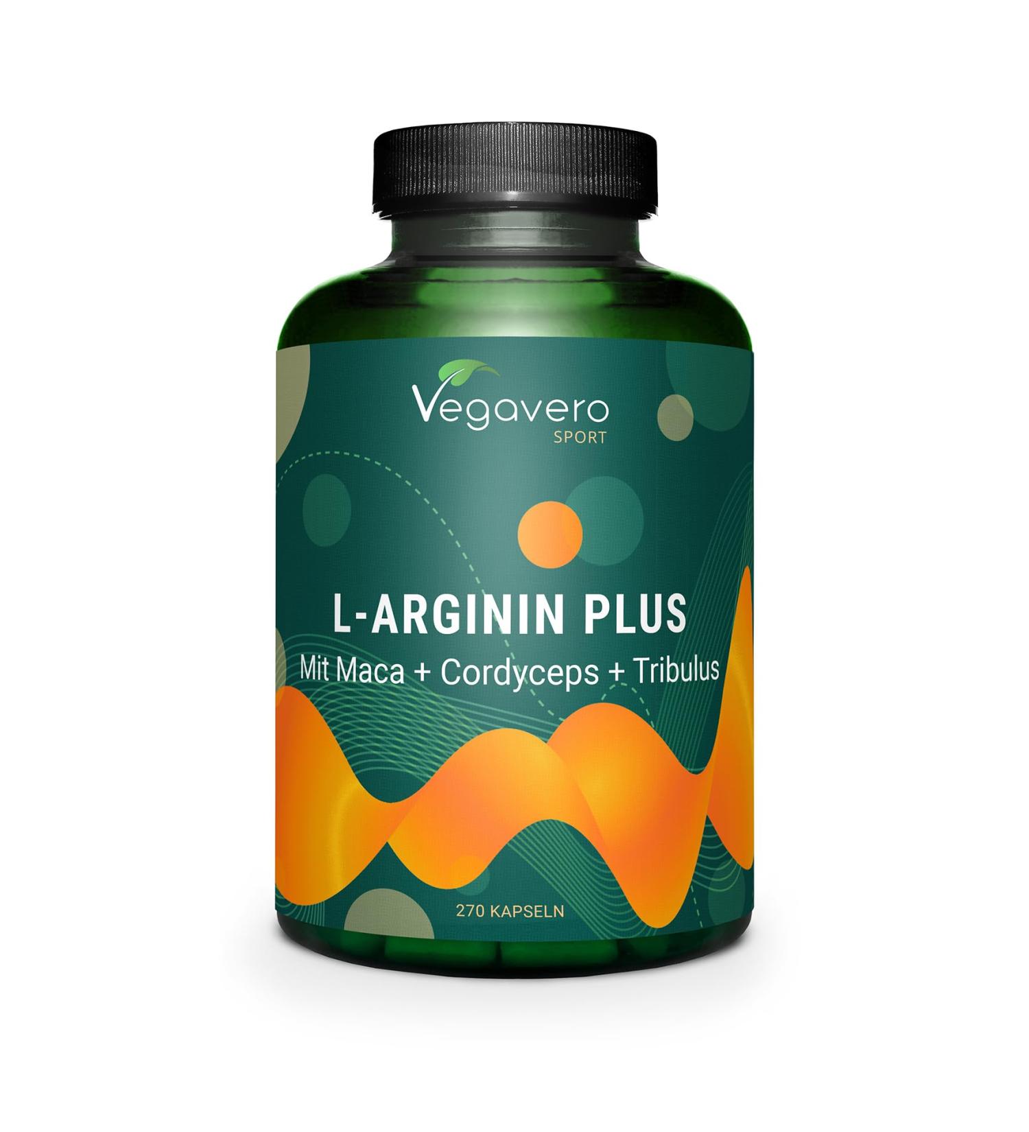 L-Arginine Plus Vegavero | 270 Vegan Capsules | L-Arginine Maca Cordyceps Tribulus Zinc | High Dose Booster for Active Men | No Additives - Buy Online on GoSupps.com