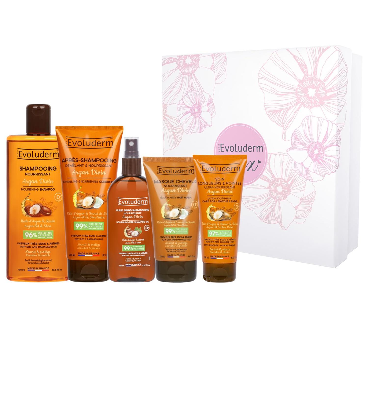  Evoluderm EVOLUDERM Divine Argan Set - Conditioner + Nourishing Shampoo + Detangling Conditioner + Long & Tip Care + Mask 150 ml + Scrunchie Gift - Made in France (Flower) - Buy Online on GoSupps.com