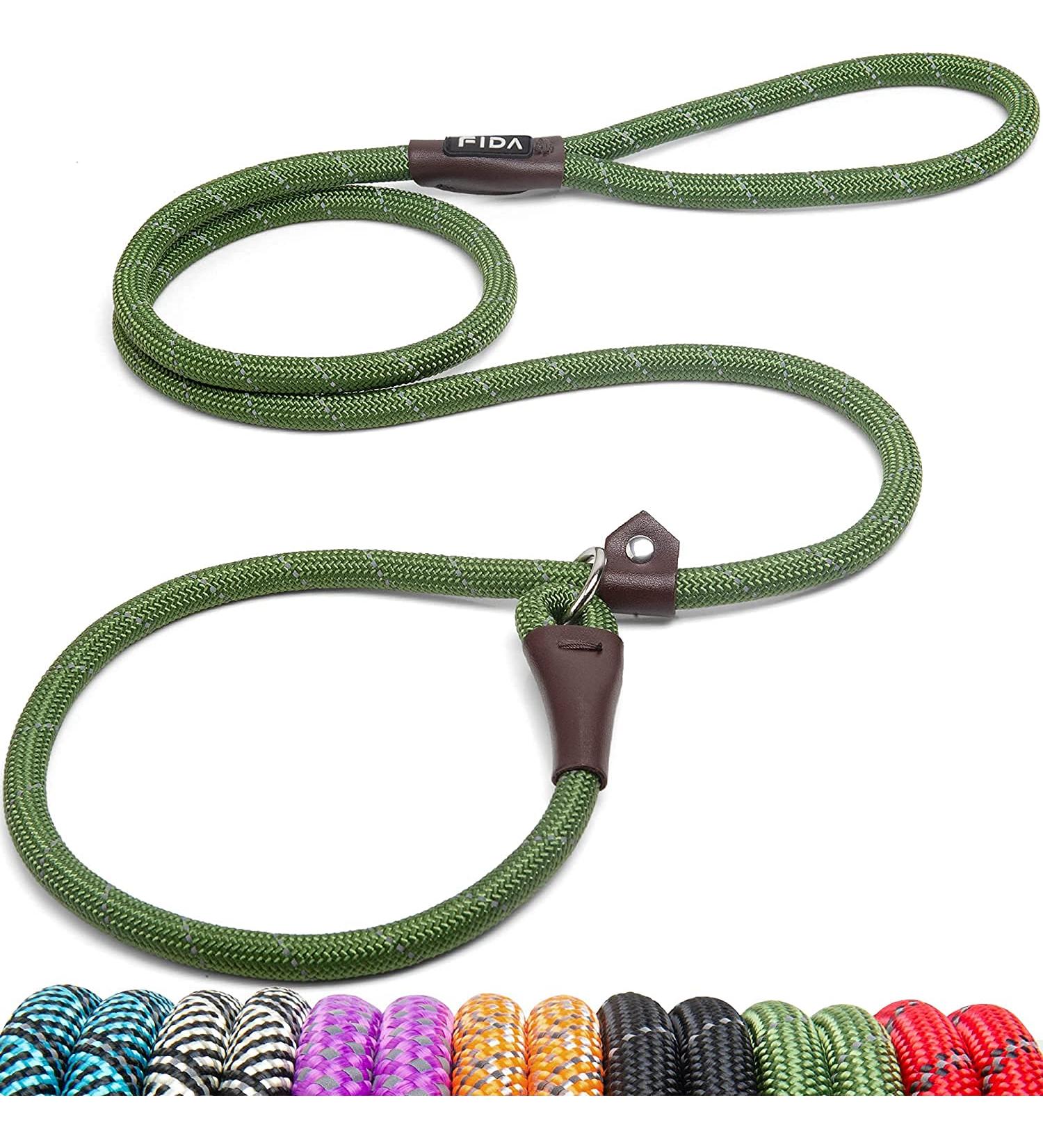 Fida Slip Rope Dog Lead - 1.8m One-Size-Fits-All Leash | Easy Slip-On Design, Reflective Stitching, Durable Climbers Rope - Large Green (1.3cm x 1.8m) - Buy Online on GoSupps.com