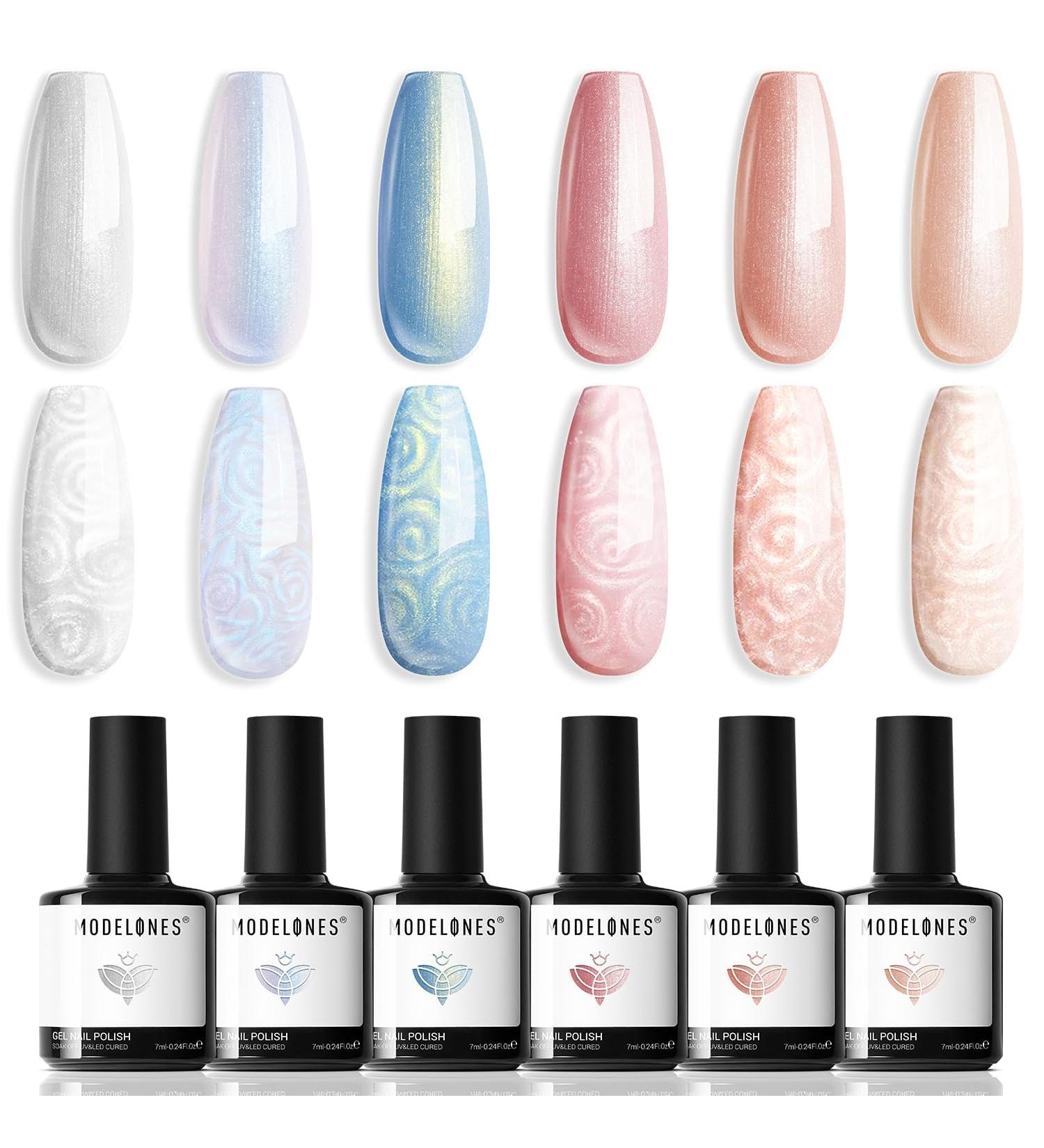 Modelones Gel Nail Polish 6 Colors Shimmer Pearl White Bule Pink Mermaid Nail Drawing Glitter Gel Polish Soak Off Led Summer Nail Gel Swirl Shell Thread Effect DIY Mani Gift with Dotting Pen Pearl Pink - Buy Online on GoSupps.com