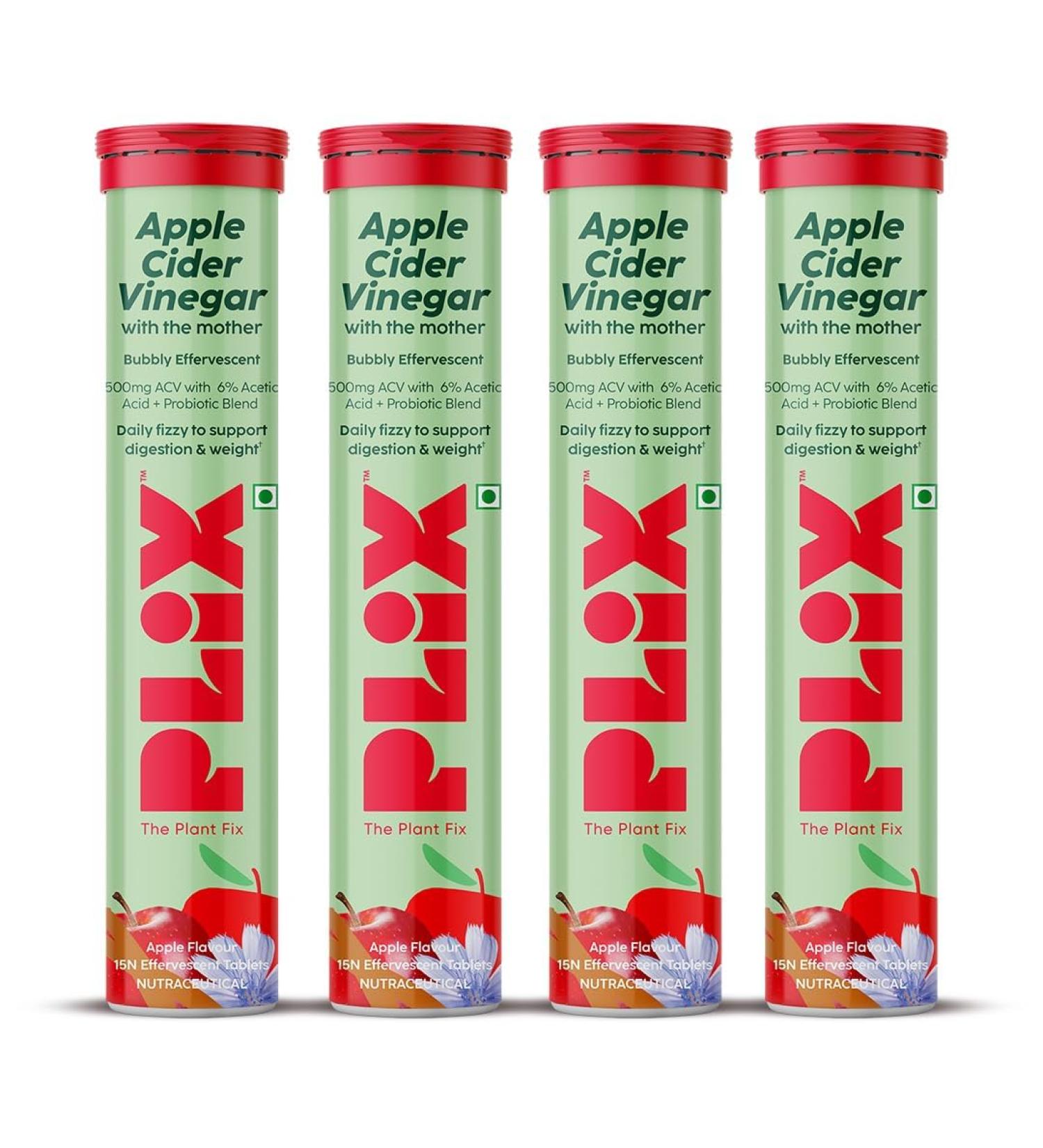 PL'IX - THE PLANT FIX Probiotics+ Apple Cider Vinegar Effervescent Tablets | Supports Digestion Improves Gut Health & Metabolism | With 10bn CFU | 15 Tablets Pack of 4 | For Men & Women - Buy Online on GoSupps.com