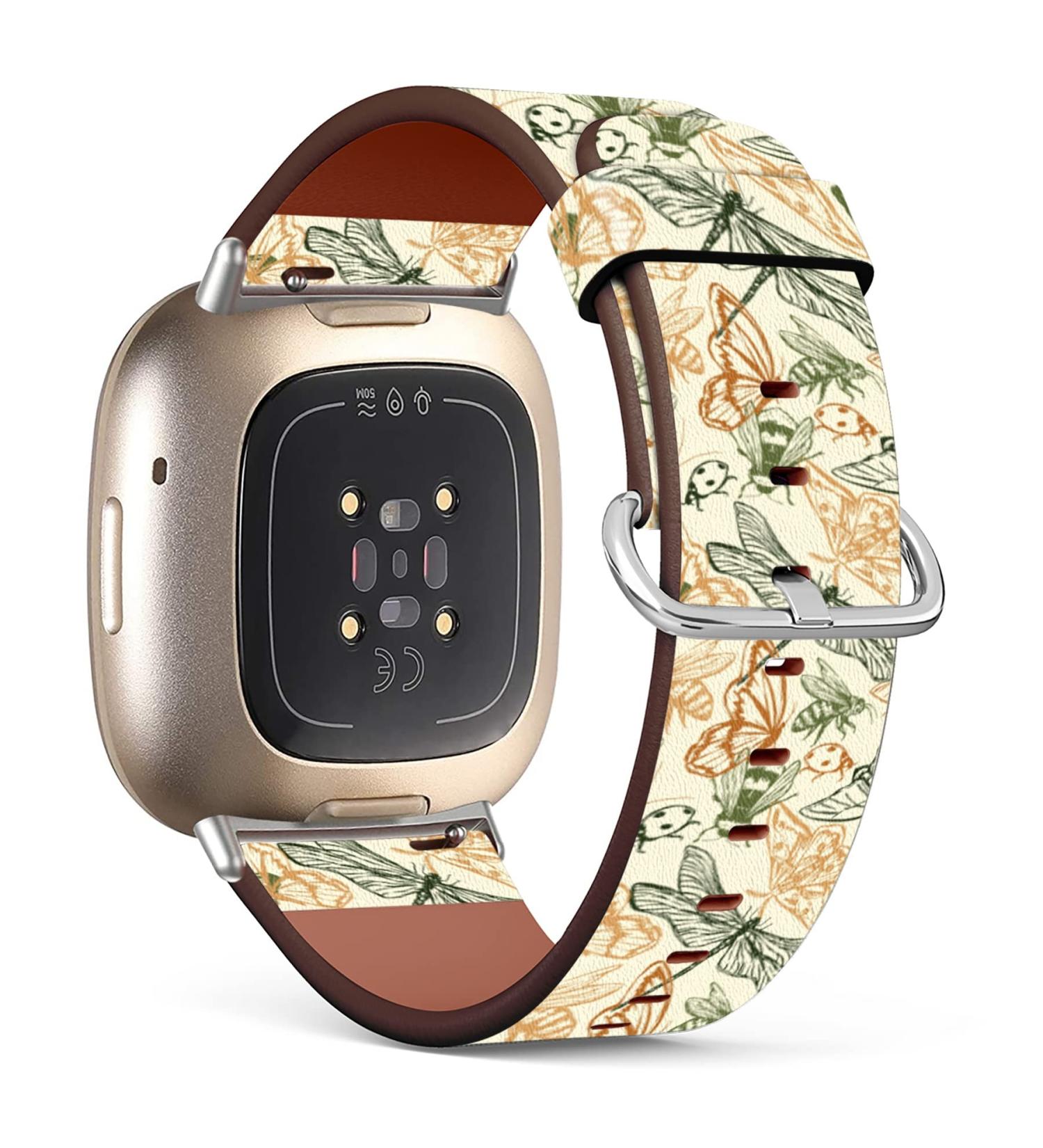 Buy Compatible Patterned Leather Replacement Band for Fitbit Versa 4 Versa 3 Sense 2 - Flying Insects & Bugs Design - Buy Online on GoSupps.com