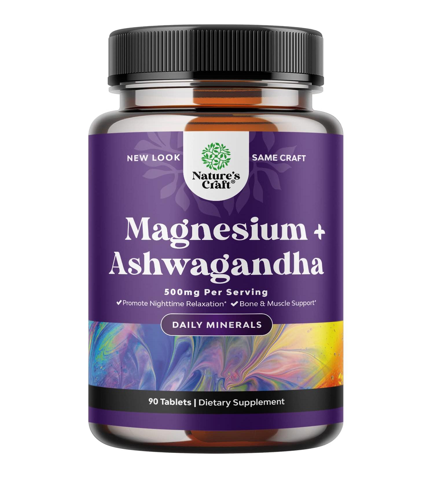 Magnesium Glycinate 500mg with Ashwagandha Root - Calming Supplement for Bone Health and Immunity - 90 Tablets - Buy Online on GoSupps.com
