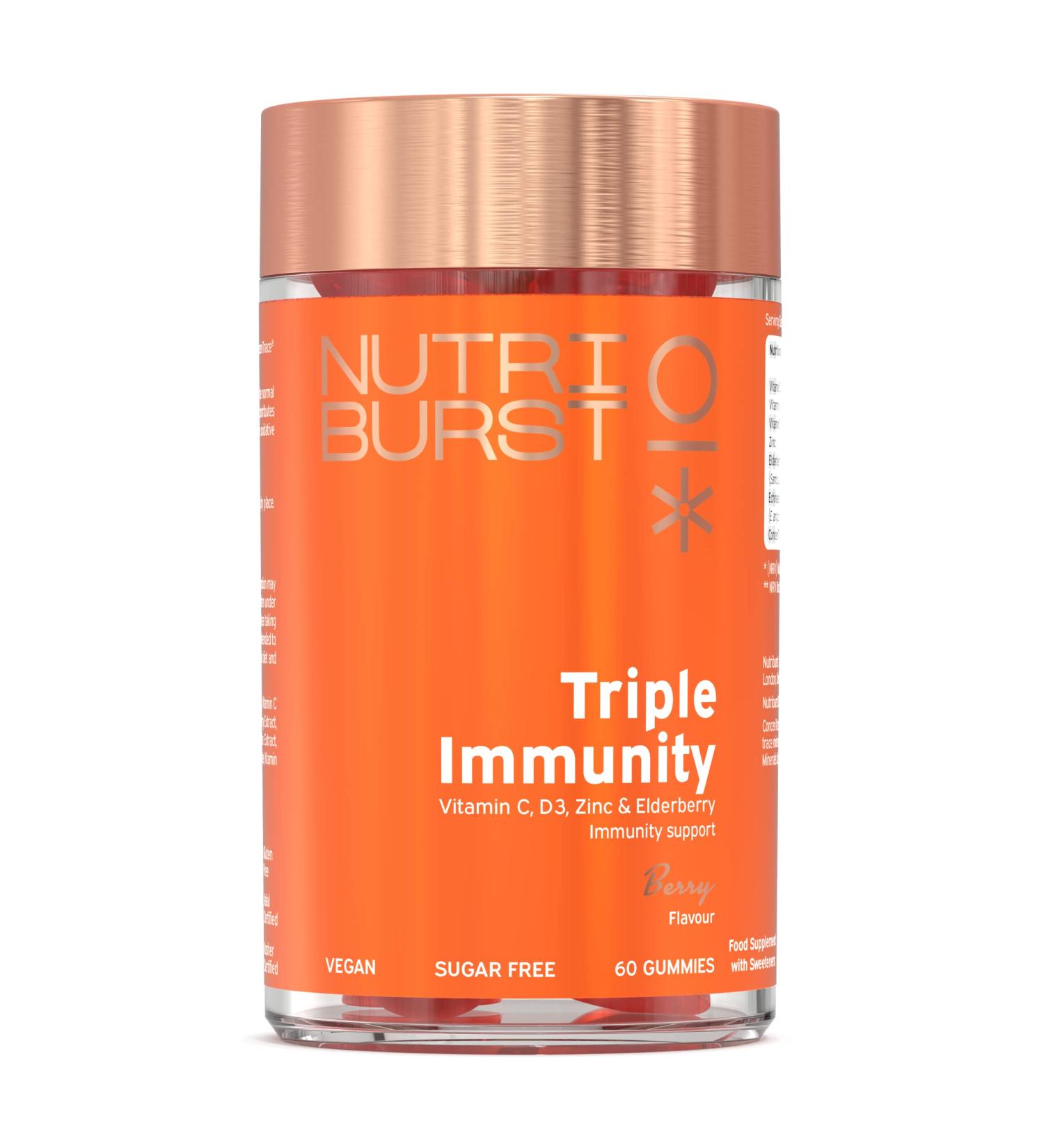 Nutriburst Triple Immunity Gummies - Vitamin C, D3, Zinc, Elderberry Extract - 60 Berry Gummies - Buy Online on GoSupps.com