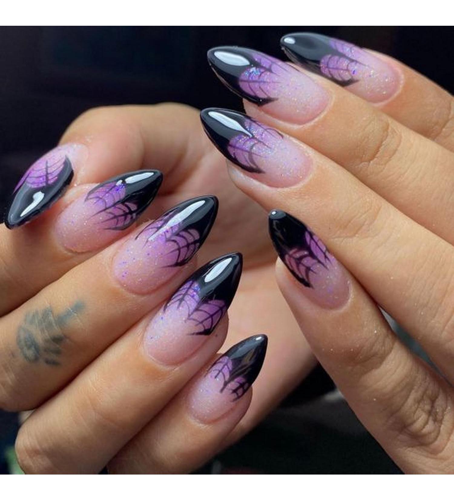 Shop Stylish Almond Halloween Press on Nails | Short Purple Fake Nails with Spider Web French Tip | 24pcs Shiny Acrylic Nails for Party Manicure - Buy Online on GoSupps.com