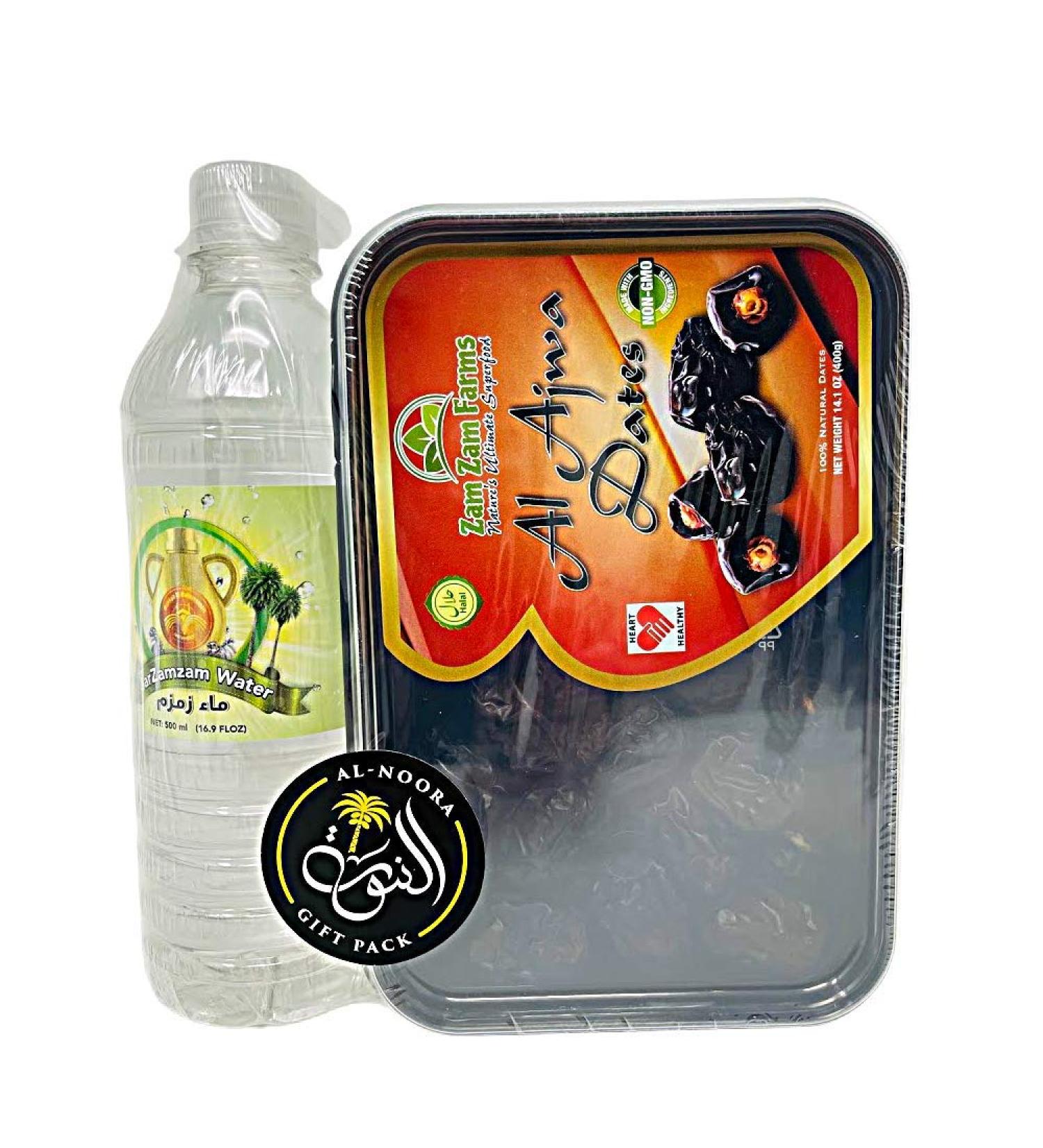 Al AJWA Dates 400g with Zam Zam Water 500ml and Imported from Makkah, AL-NOORA GIFT PACK
