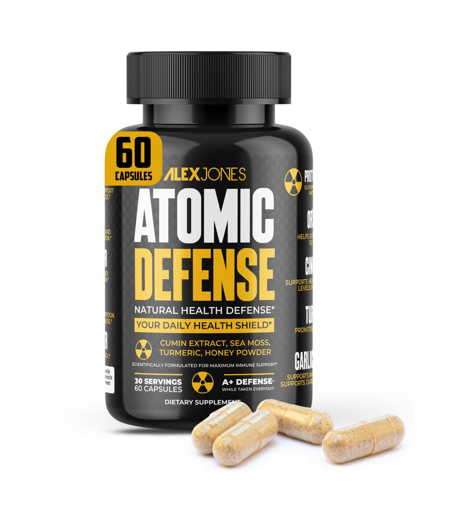 Alex Jones Naturals Atomic Defense Natural Health Defense Formula - Organic Seamoss Capsules w/Cumin Extract Turmeric & Honey Powder Plant-Based Herbal Supplements for Immune Support 60 Count - Buy Online on GoSupps.com