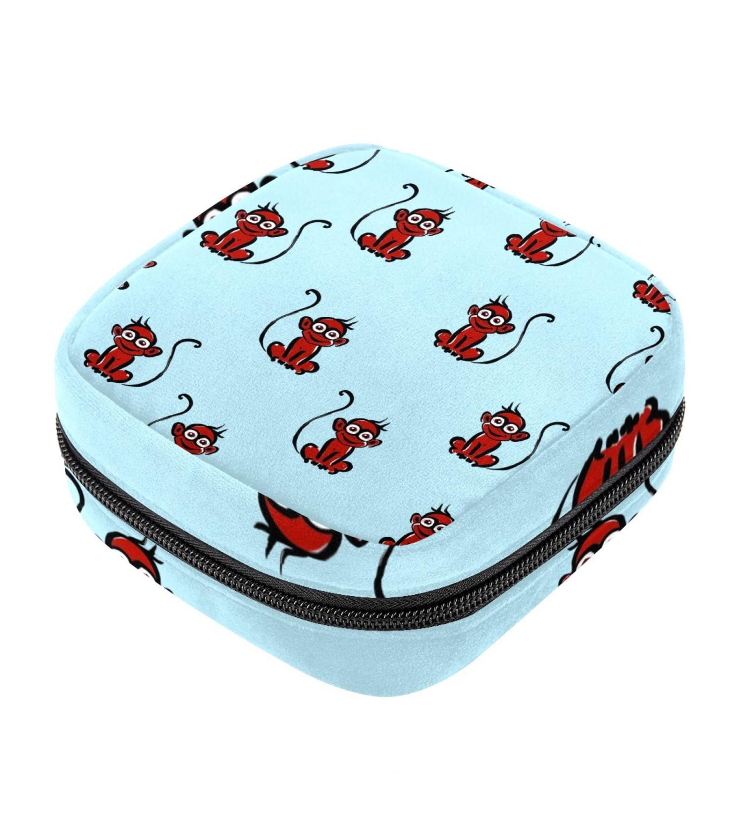 Stylish Red Monkey Pattern Menstruation Pad Bag with Zipper - Women's Tampon & Napkin Bag - Perfect Collective Bag for Women & Girls - Buy Online on GoSupps.com