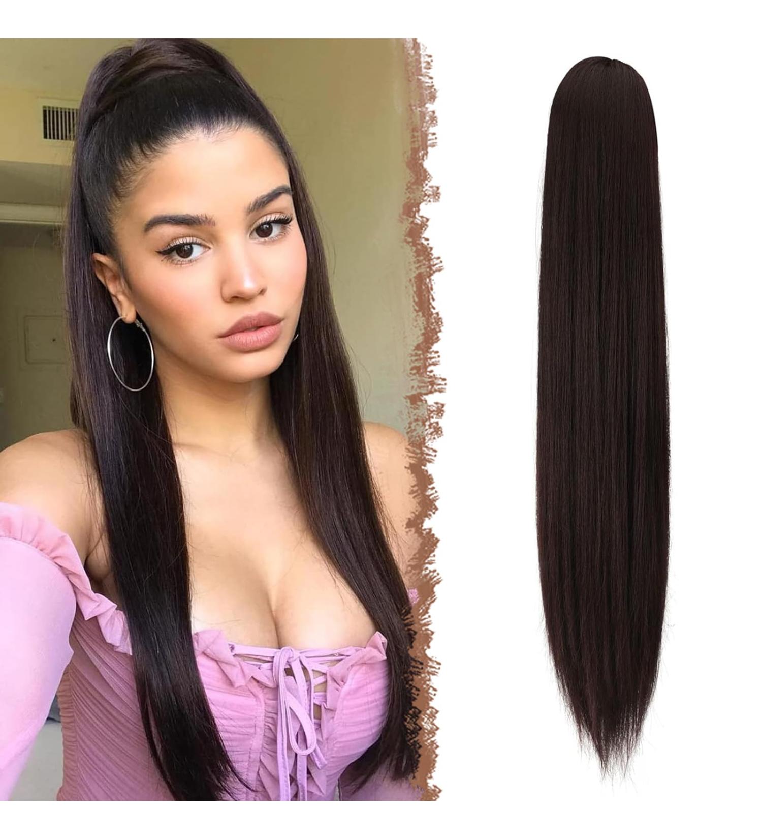 Buy Feshfen 70 cm Dark Brown Ponytail Extensions - Long Straight Braid Hairpiece - Synthetic Drawstring Hair Extensions for Women - Buy Online on GoSupps.com