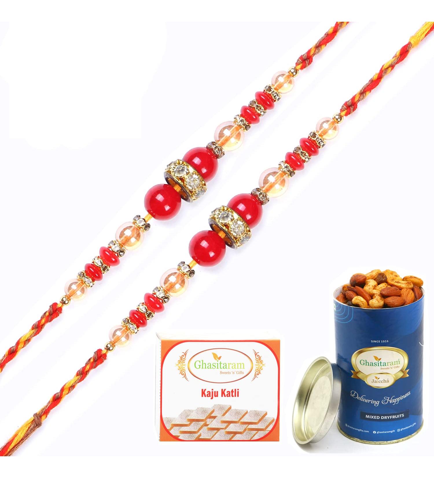 Ghasitaram Gifts Rakhi for Brother Rakhis Online - Set of 2-265 Fancy Thread Rakhis with 100 GMS of Dryfruits Mix Can 200 GMS of Kaju katli 2 Rakhi & 100g Dryfruits Mix Can 200g Kaju katli - Buy Online on GoSupps.com