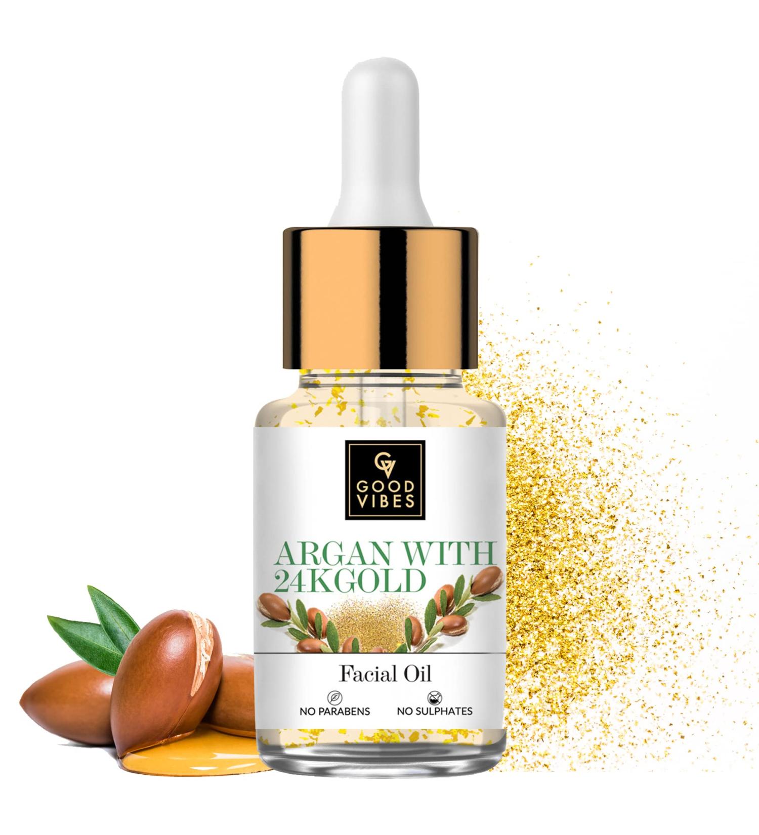 Good Vibes Argan 24K Gold Facial Oil | Anti-Aging & Collagen Boosting | Antioxidant-Rich for All Skin Types | No Parabens & Sulphates | 10 ml - Buy Online on GoSupps.com