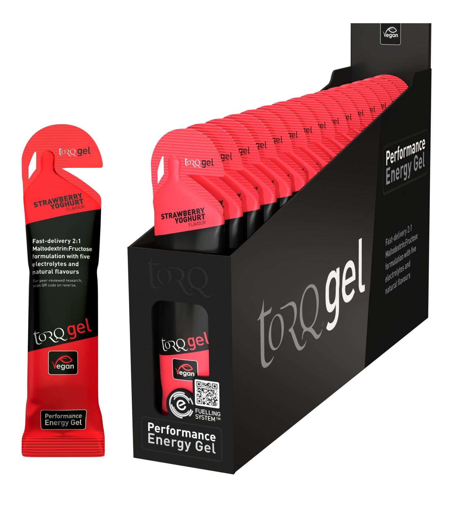 Torq Energy Gel Strawberry Yoghurt - Sports Cycling Running Gels with 30 g Carbohydrates Box of 15 - Buy Online on GoSupps.com