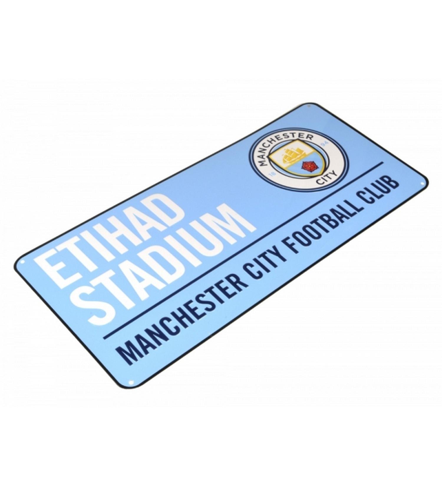 Manchester City FC Metal Sign with Official Club Crest and Stadium Address (One Size) (Light Blue)