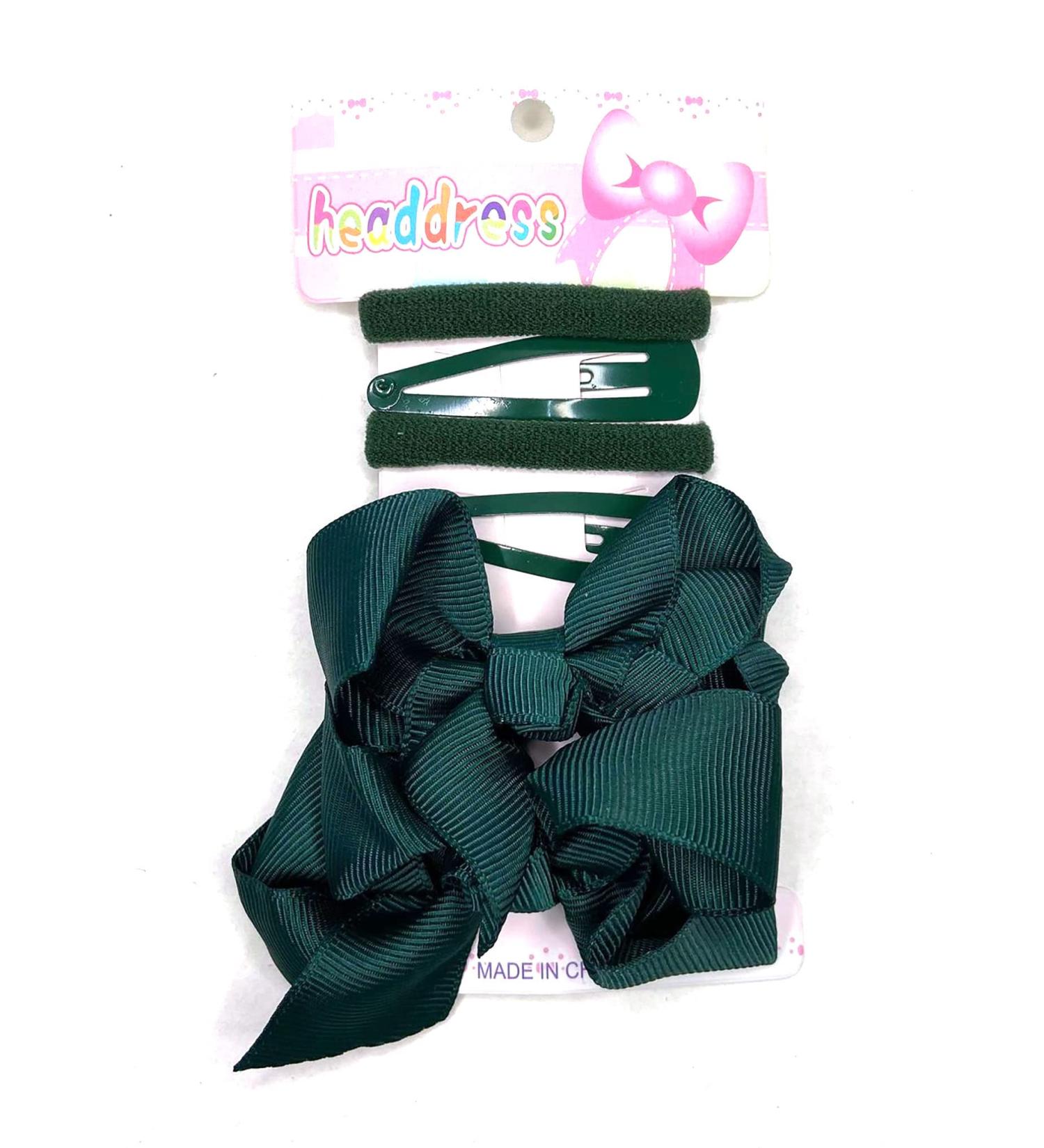 6 Piece Set School Hair Set Clips Bobbles Bendies Bow Clips Girls Hair Accessory (Bottle Green Plain)