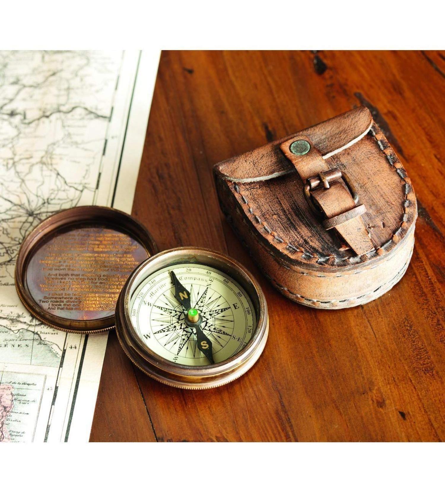 Antiqued Brass Poem Compass with Leather Case - Halloween Decor Essential - Buy Online on GoSupps.com