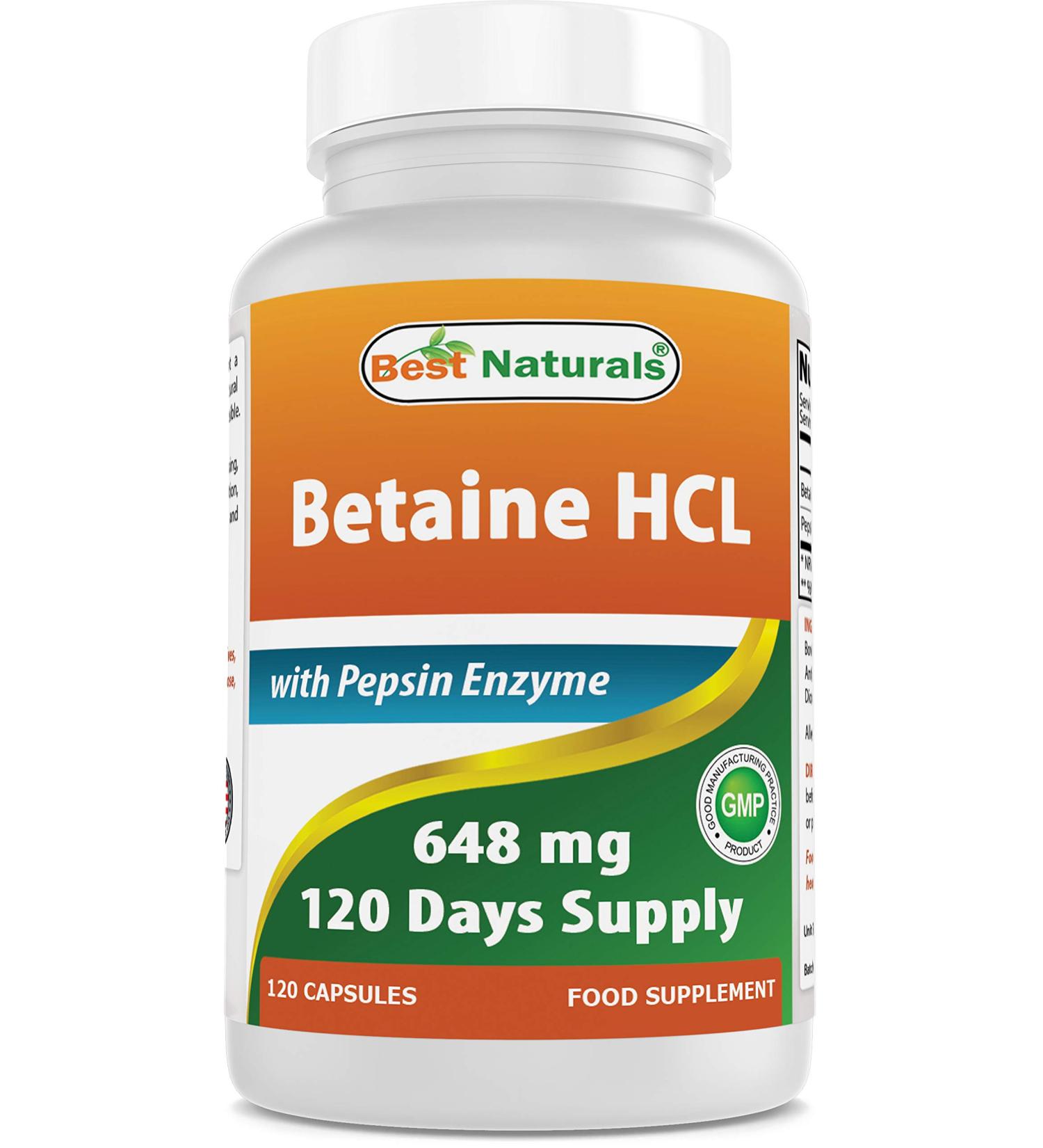 Best Naturals Betaine HCl 648mg with Pepsin - 120 Capsules | Digestive Support Supplement - Buy Online on GoSupps.com