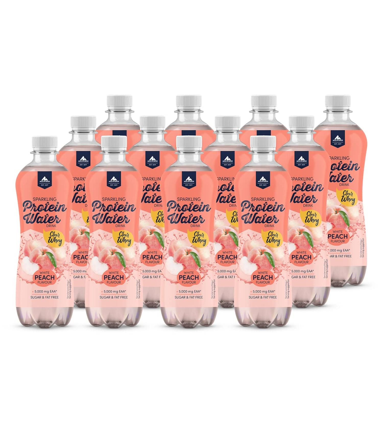 Multipower Sparkling Protein Water - White Peach Flavor | EAA Enriched Sports Drink | 12 x 500ml | Refreshing & Fruity | International Shipping Available - Buy Online on GoSupps.com