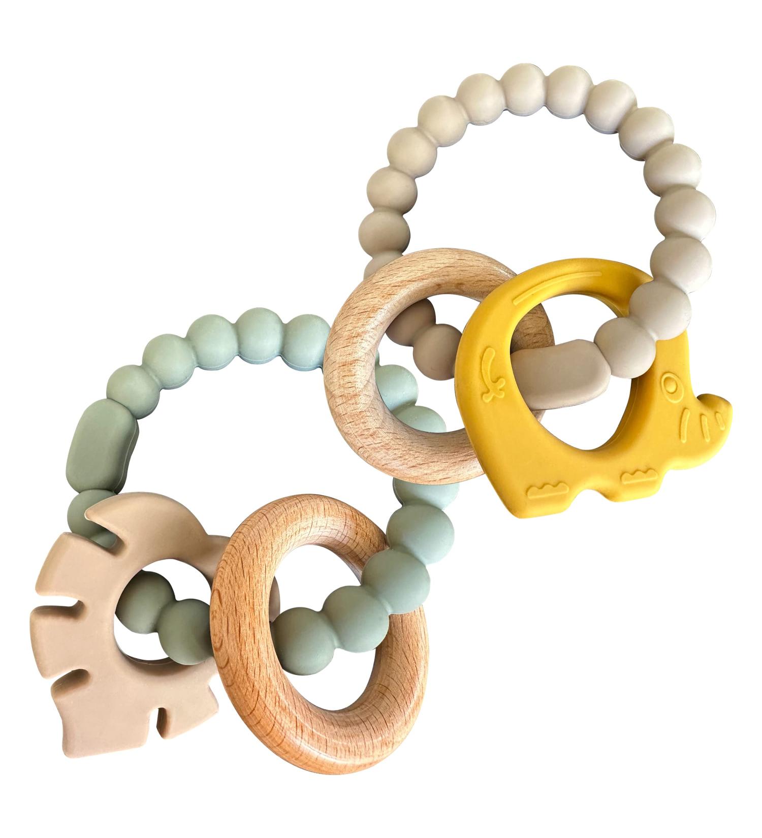 Petite Bee Silicone & Wood Baby Teether Elephant & Leaf Ring - 2 Pack - Buy Online on GoSupps.com