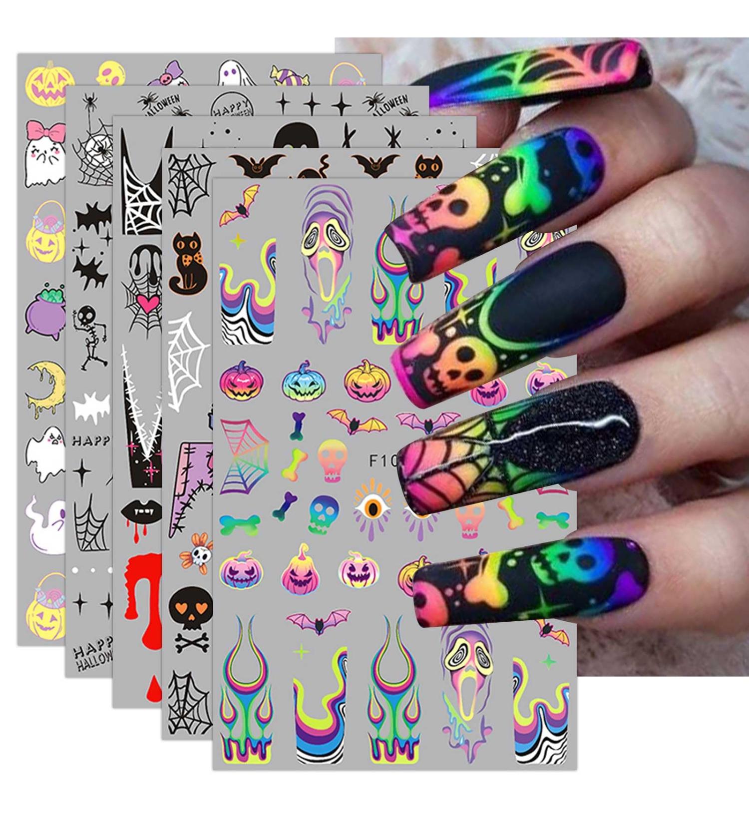 Halloween Nail Stickers 12 Sheets Self-Adhesive Nail Decal Pumpkin Cobweb Nail Art Decoration Design Supplies - Buy Online on GoSupps.com