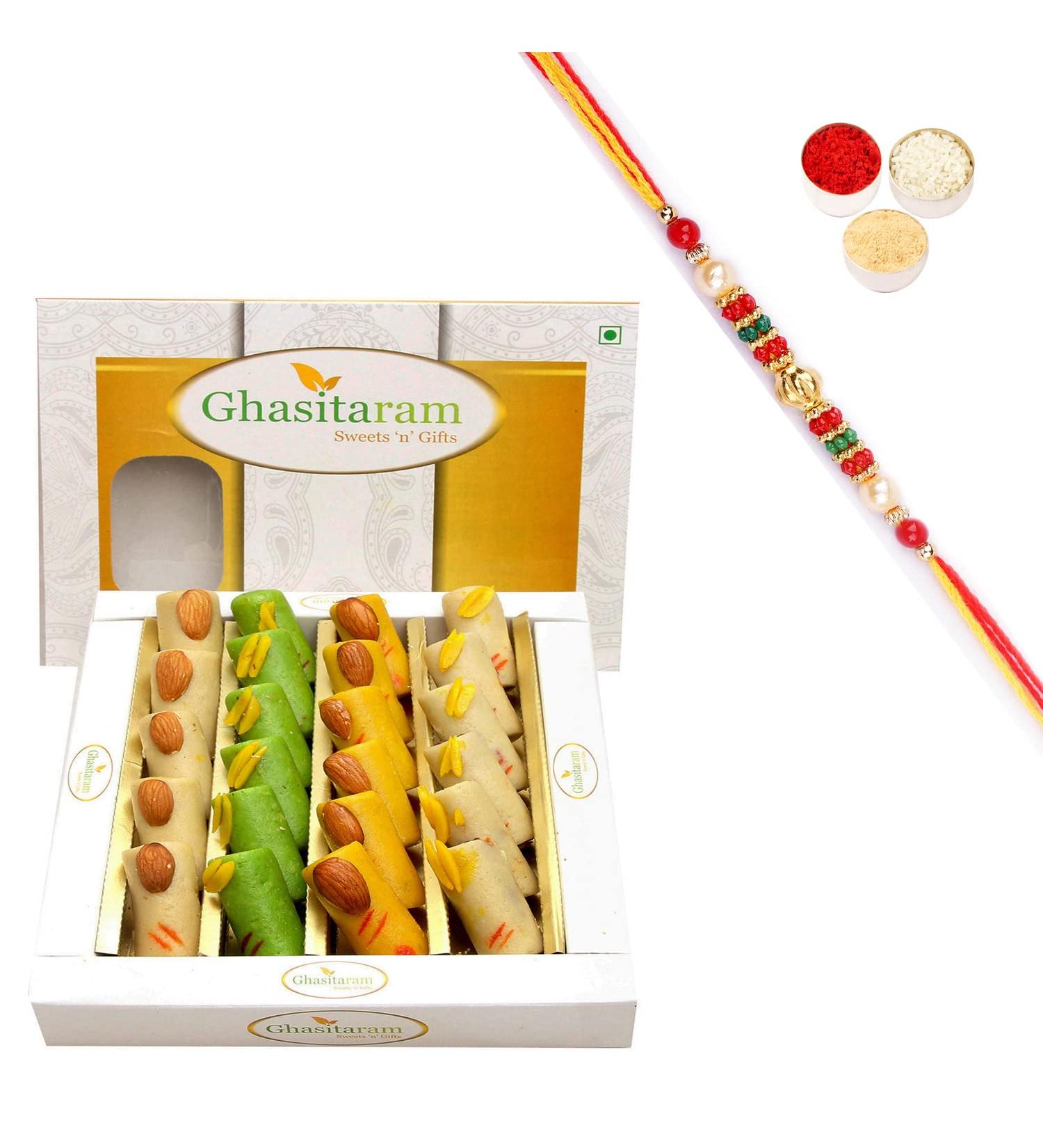 Ghasitaram Gifts Rakhi Gifts for Brothers Sugarfree Assorted Rolls Box 400 GMS with Beads Rakhi - Buy Online on GoSupps.com