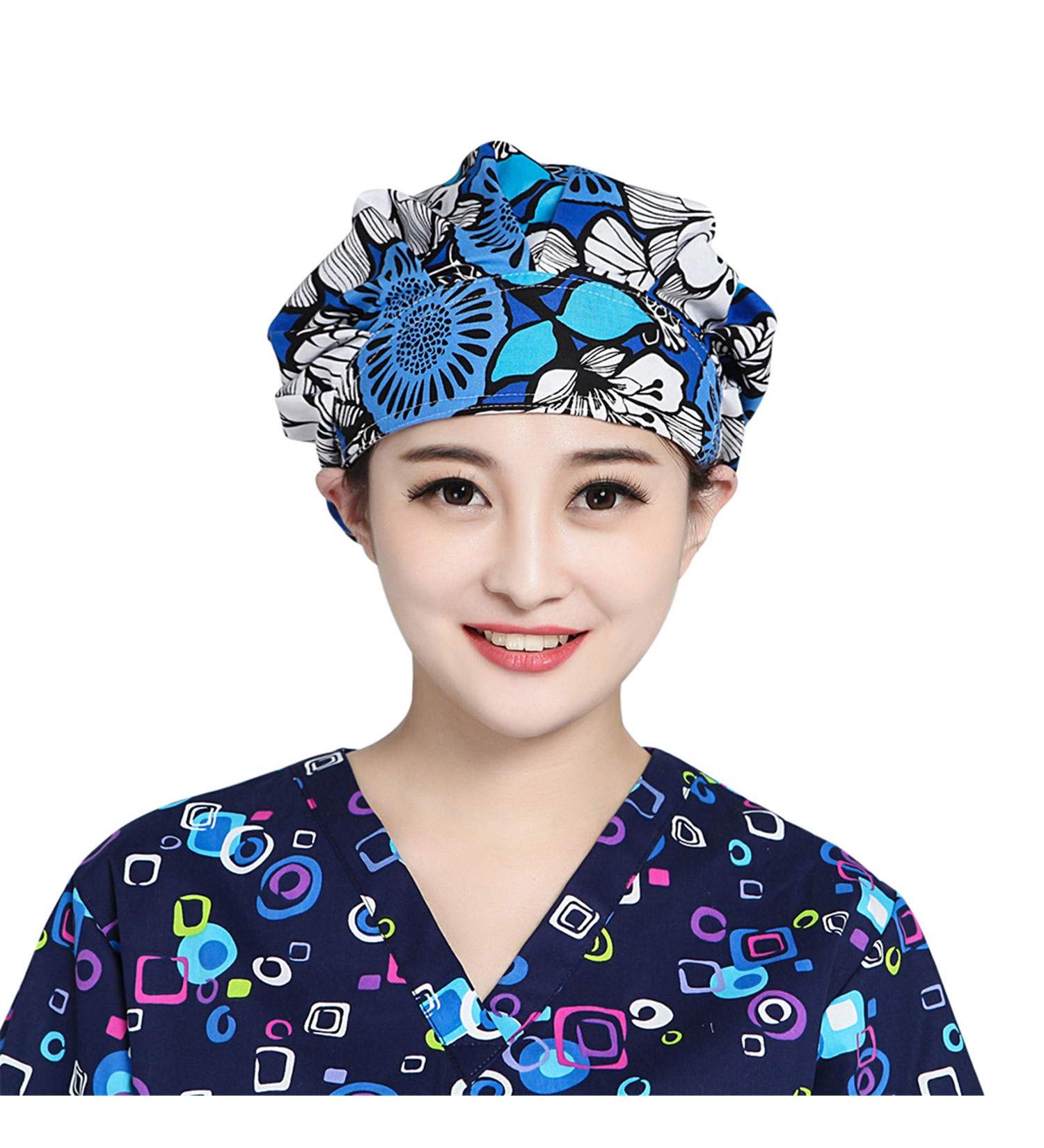 Printed Cotton Bouffant Turban Working Cap - Adjustable Scrub Hat for Hair Cover - Buy Online on GoSupps.com