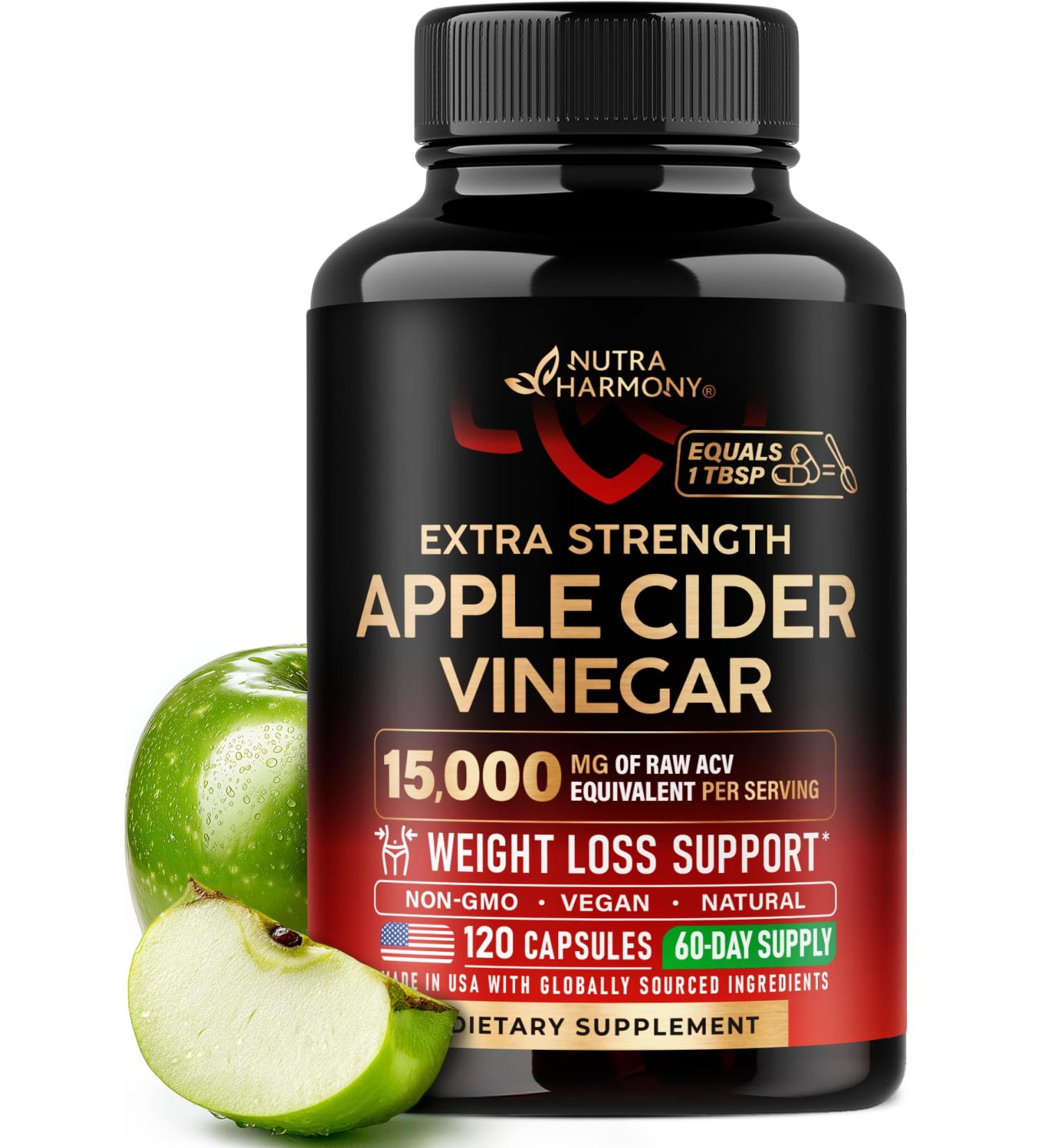 Apple Cider Vinegar Capsules - 15000 mg of Raw Apple Cider Vinegar Equivalent - 100% Natural Pure ACV - Energy Metabolism & Weight Loss Support - Made in USA Lab Tested - 120 Capsules 60-Day Supply - Buy Online on GoSupps.com