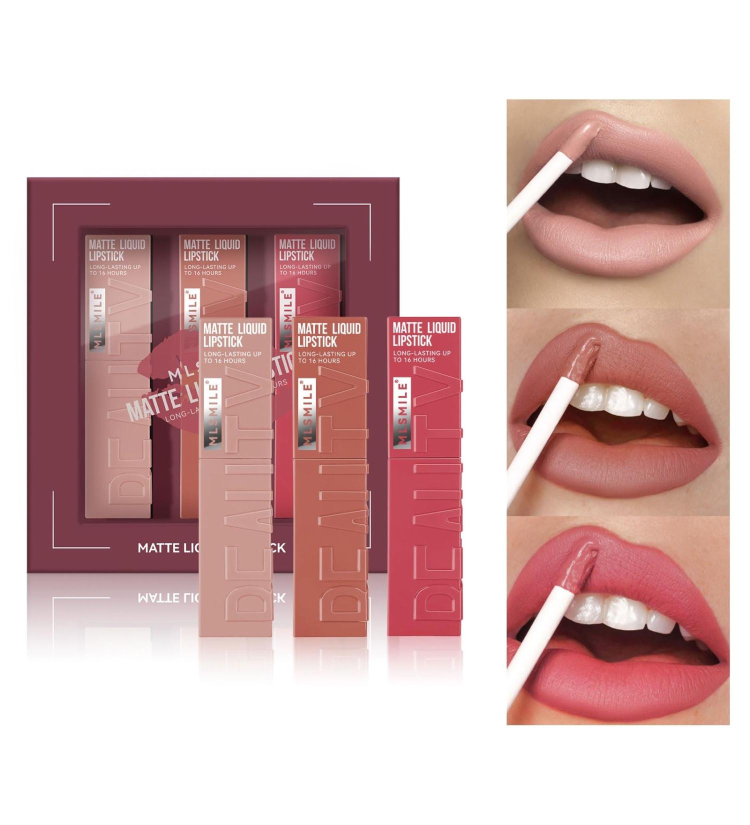Matte Liquid Lipstick Makeup Set - 3 Pcs Long Lasting Smudge Proof Lip Gloss | High Pigmented Velvety Nude Red Lip Stain Gift Set for Women & Girls - Buy Online on GoSupps.com