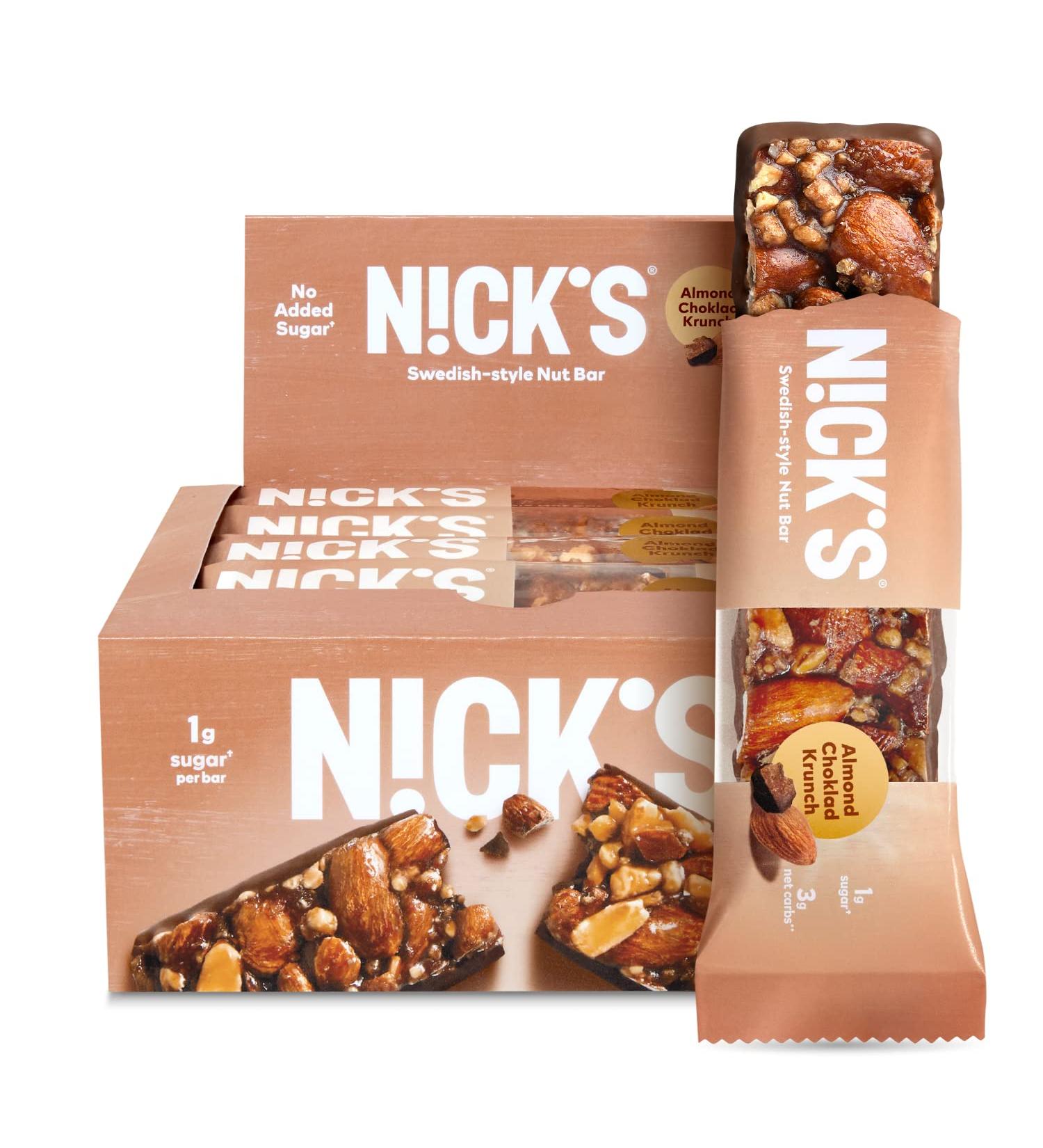 Nick's Keto Almond Chocolate Nut Bar - 1g Sugar, 3g Net Carbs, Pack of 12 - Healthy Snack for Sports & Outdoor Activities - Buy Online on GoSupps.com
