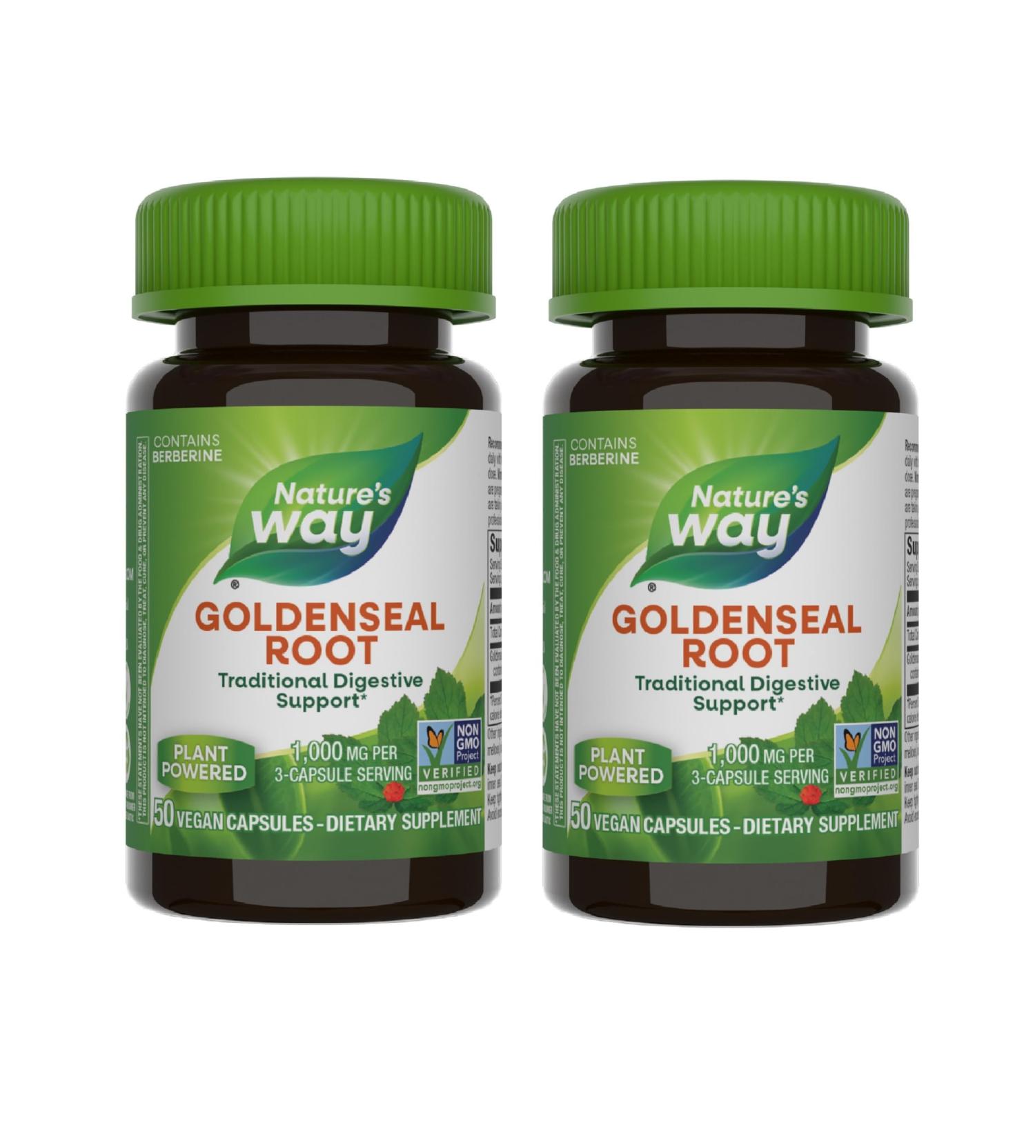 Nature's Way Goldenseal Root 2 Pack - Non-GMO Vegan Digestive Support with Berberine - 50 Capsules Each - Buy Online on GoSupps.com