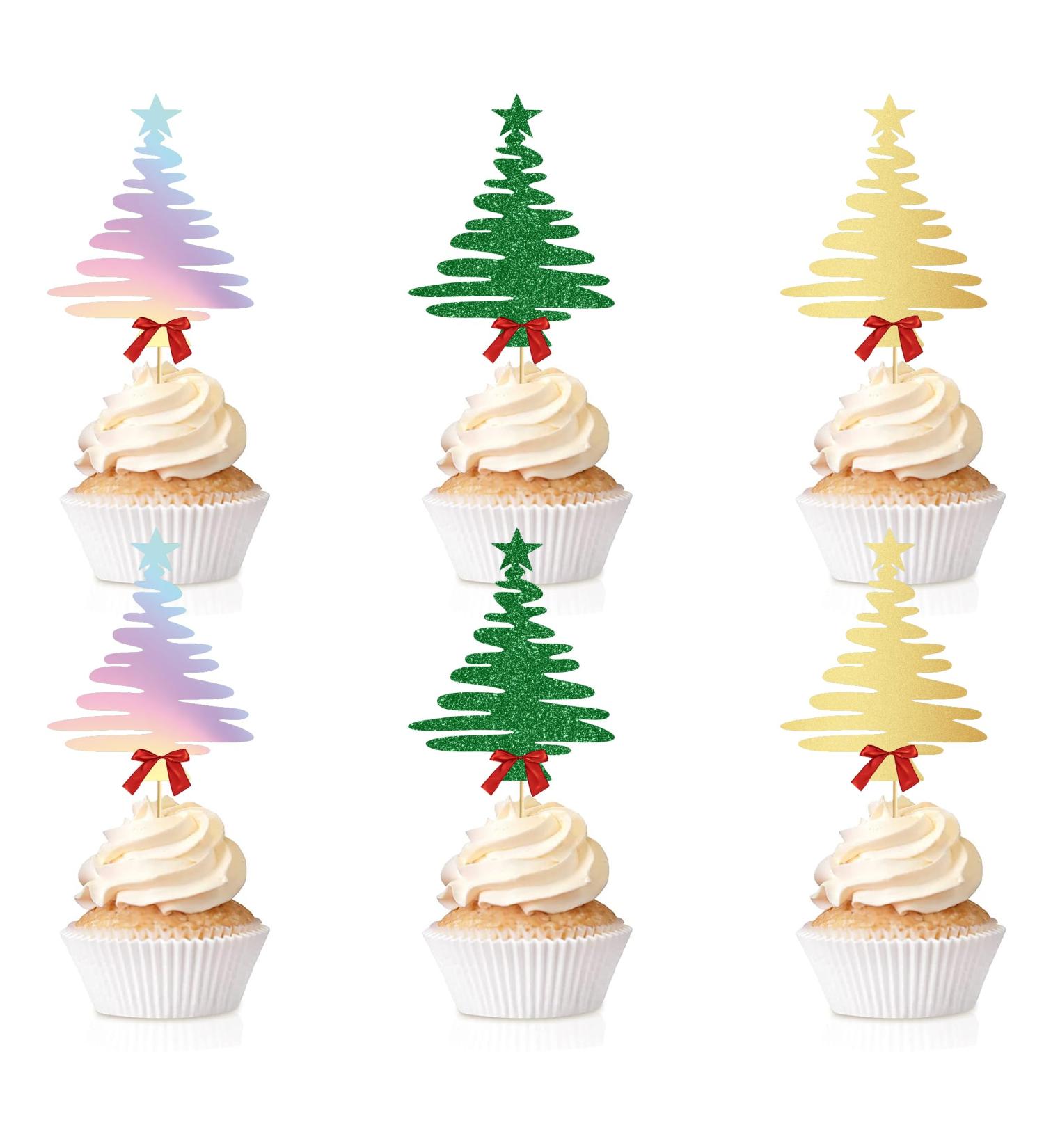 TSJ 18 PCS Christmas Tree Cupcake Toppers Christmas Cake Toppers Glitter Cupcake Picks Cake Decorations Christmas Party Supplies Green+gold+silver - Buy Online on GoSupps.com