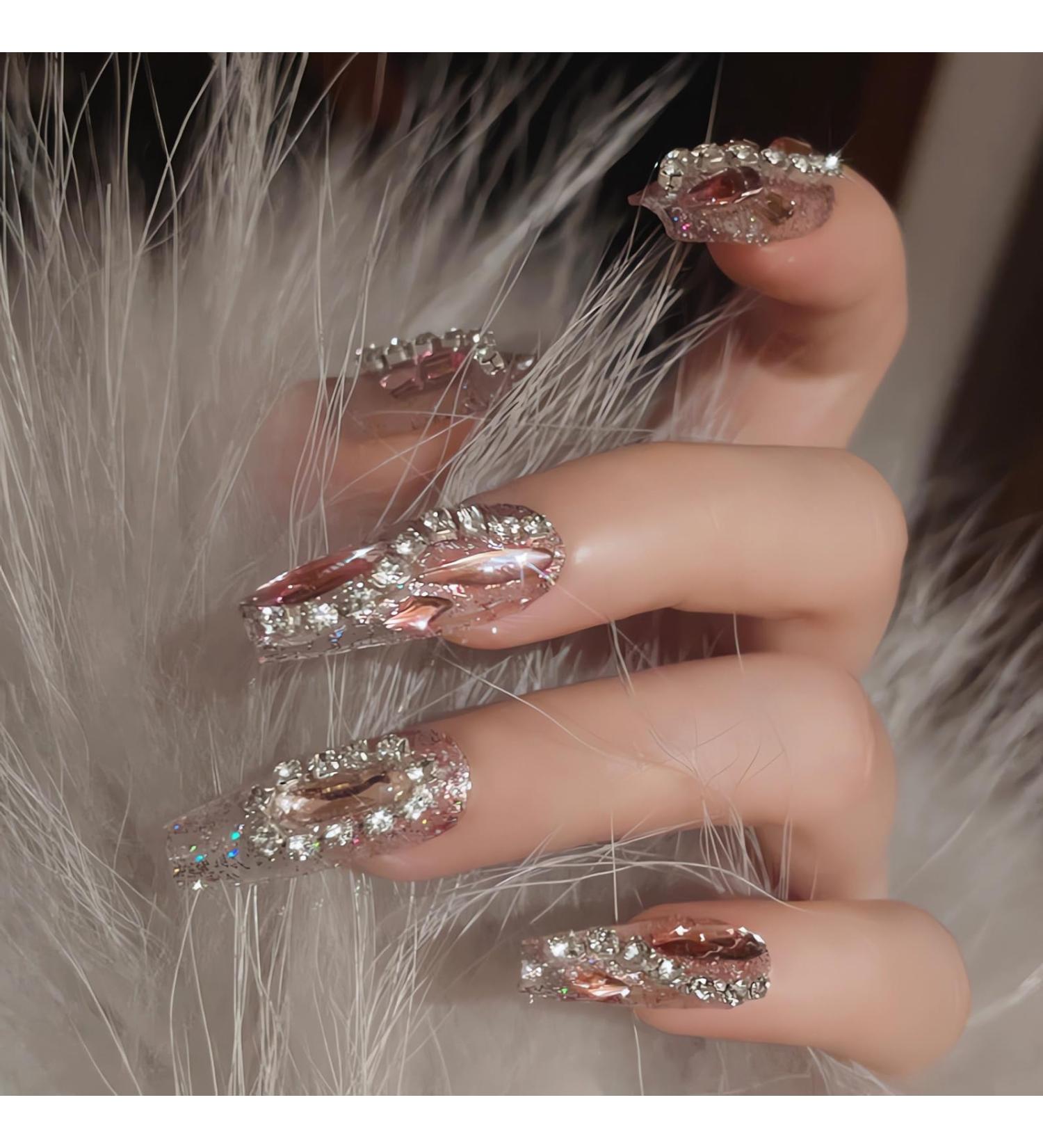 IMSOHOT Long Press on Nails - Coffin Glitter Fake Nails with Shiny Pink Rhinestones | Luxury Ballerina Acrylic Nails for Women (24 Pcs) - Glue on False Nails 61-A07 - Buy Online on GoSupps.com