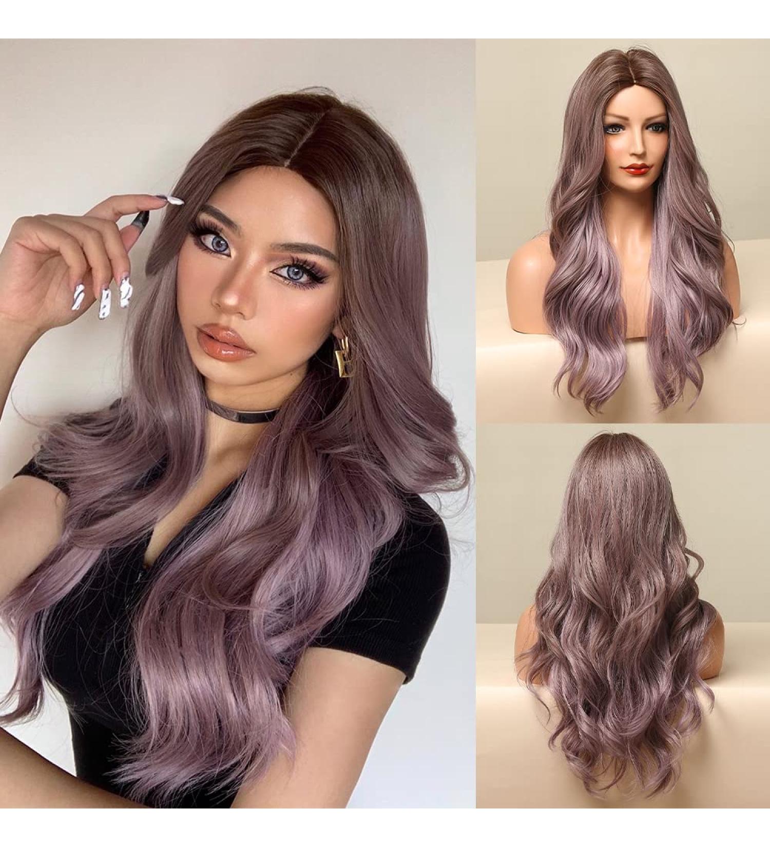 Ombre Purple Wig for Women - Long Wavy Heat Resistant Purple Wig with Dark Brown Roots for Costumes & Daily Wear - Buy Online on GoSupps.com