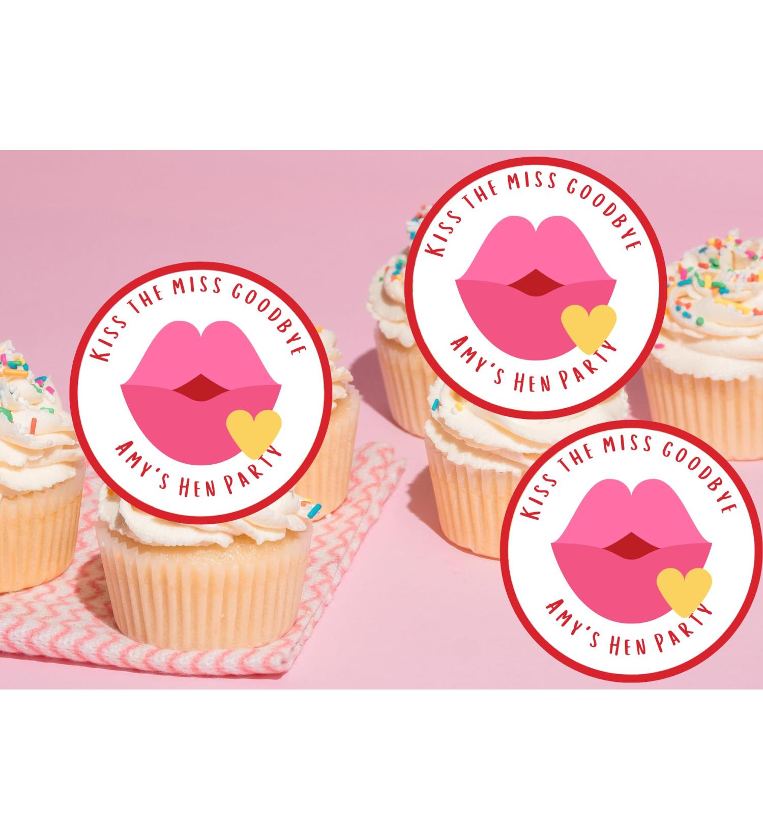 edible 20 x HEN PARTY Personalised cupcake toppers UNCUT - KISS THE MISS GOODBYE Hen (wafer card)