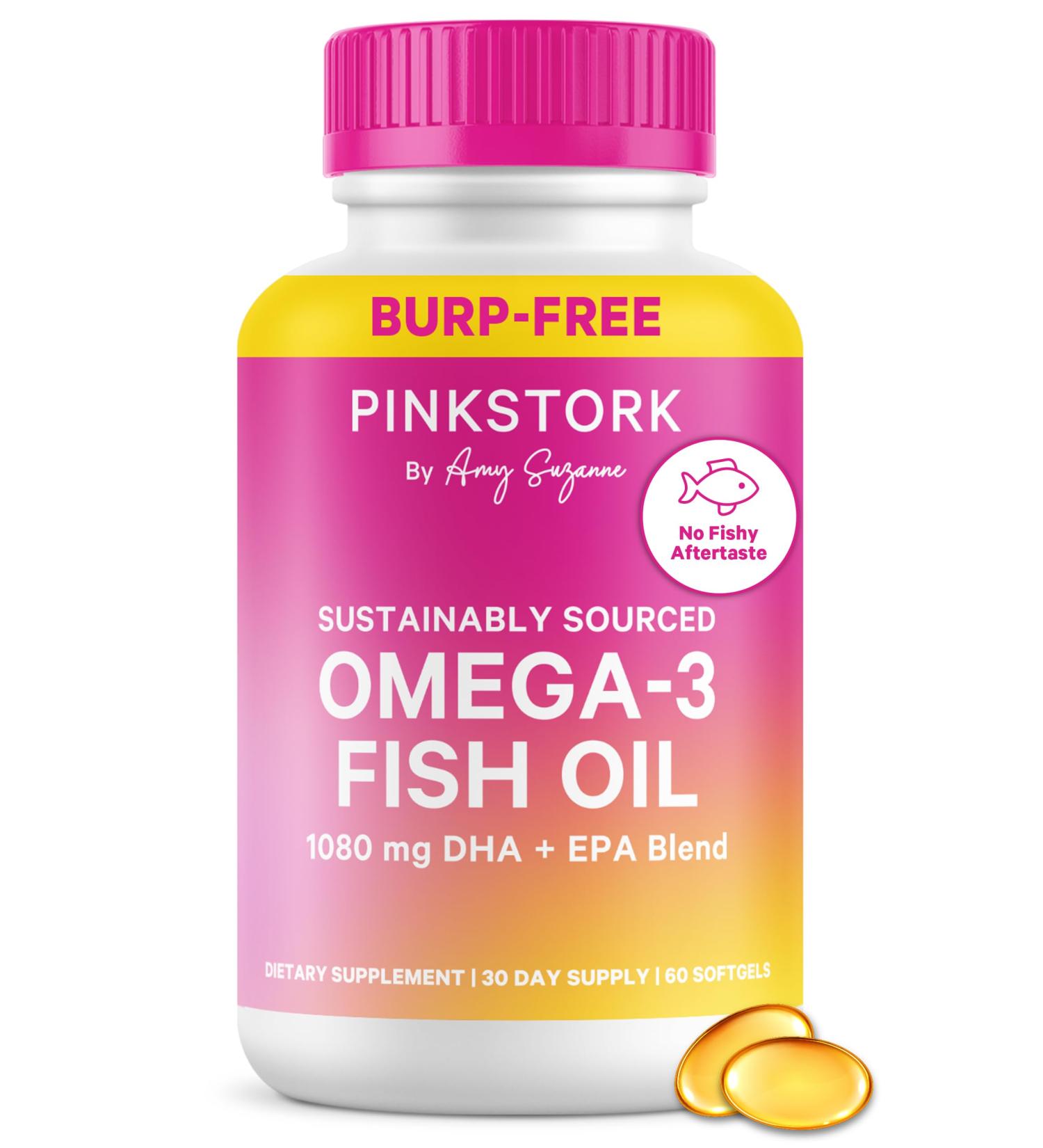 Pink Stork Omega 3 Fish Oil Supplements for Women with DHA and EPA - High Potency Burpless Omega-3 Supplement for Cognitive Health - 60 Softgels - Buy Online on GoSupps.com