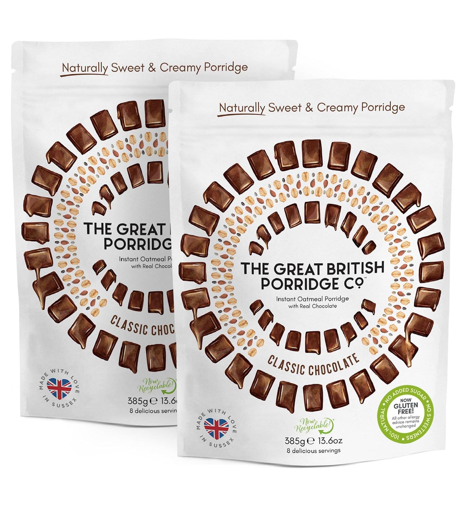 Great British Porridge Co. Classic Chocolate Gluten-Free Instant Oatmeal - 2 x 385g Pouches | Naturally Sweet & Creamy | 100% Natural Plant Based High Fibre Oats - Buy Online on GoSupps.com