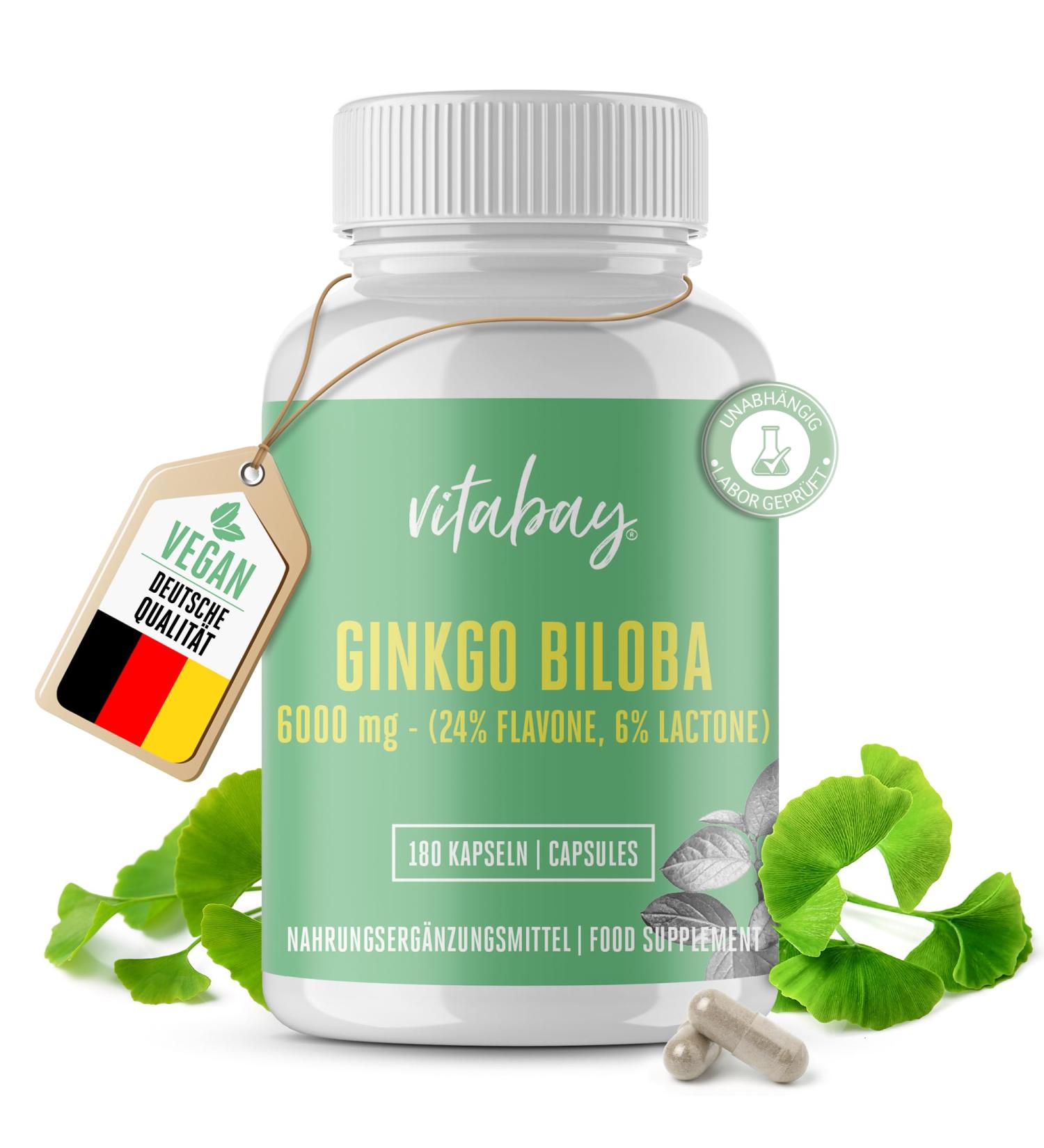 Buy Vitabay Ginkgo Biloba 6000 mg - 180 Capsules | 24% Flavone 6% Lactone | High-Quality Lab-Tested | International Shipping Available - Buy Online on GoSupps.com