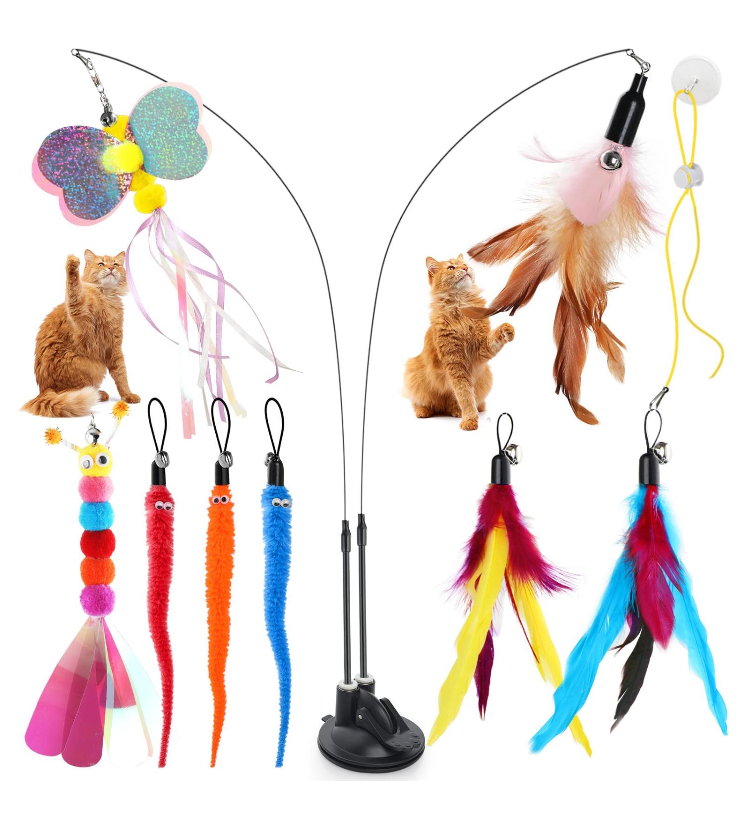 Bigqin Cat Feather Toys 12 Pcs Interactive Cat Toys 8 Toys with Bells 2 Cat Teaser Wand 1 Dual Head Removable Super Suction Cup 1 Sticky Door Lanyard Funny Kitten Training Toys Indoor Outdoor - Buy Online on GoSupps.com