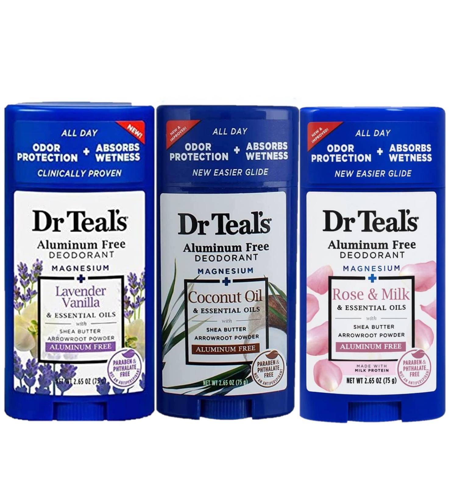 Dr. Teals Deodorant Variety Gift Set - Vanilla Lavender Coconut Oil, Rose & Milk (3 Pack, 2.65oz) - Essential Oils & Magnesium for Clean & Healthy Skin - Buy Online on GoSupps.com