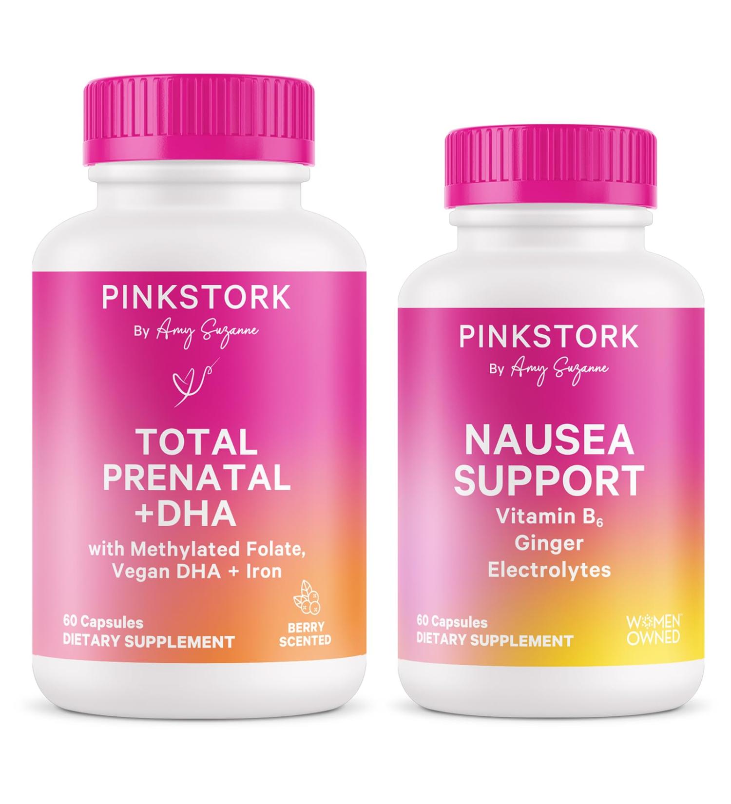 Pink Stork First Trimester Essentials Supplement Bundle - Total Prenatal Vitamin + DHA and B6 Ginger Electrolyte Capsule for Morning Sickness Pregnancy Must Have - Buy Online on GoSupps.com