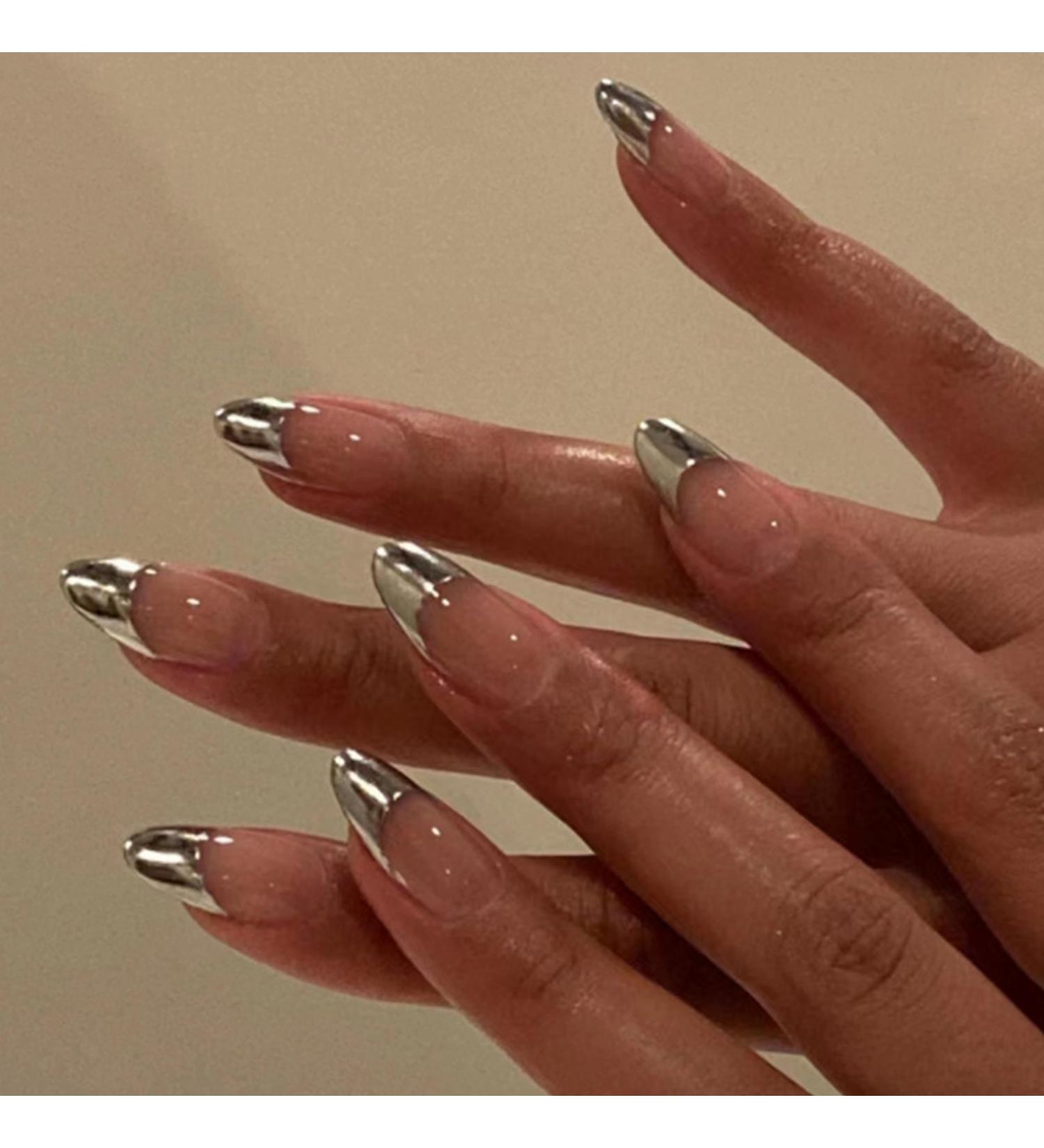 Buy Oval Short Artificial French Press On Nails - Silver Short Square Soft Gel Nail Tips | Mrcuvaryas | Full Cover - Buy Online on GoSupps.com