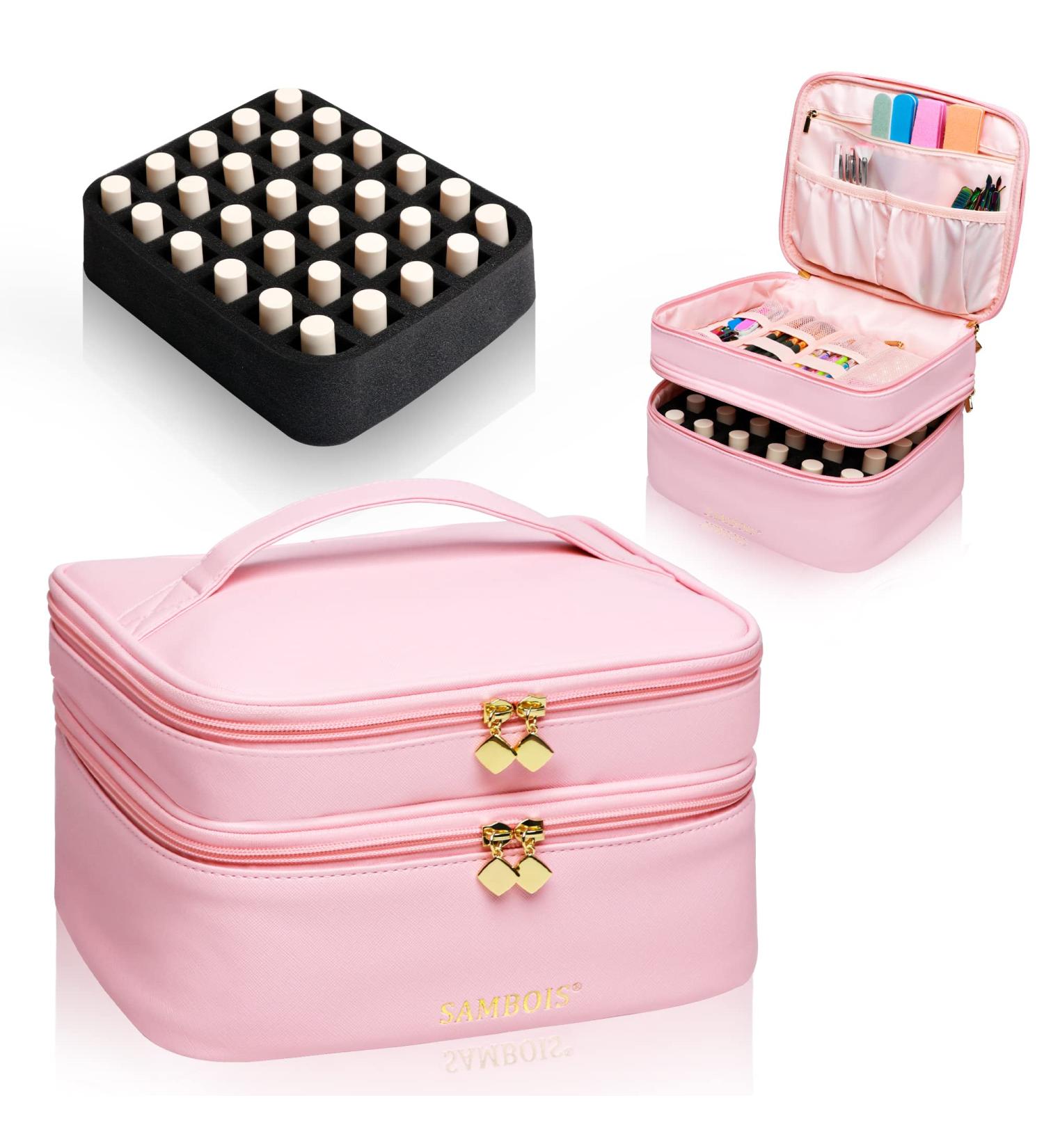 Sambois Portable Travel Nail Polish Carrying Case - Holds 30 Bottles - Double-layer Organizer Storage Bag for Manicure Set - Pink - Buy Online on GoSupps.com